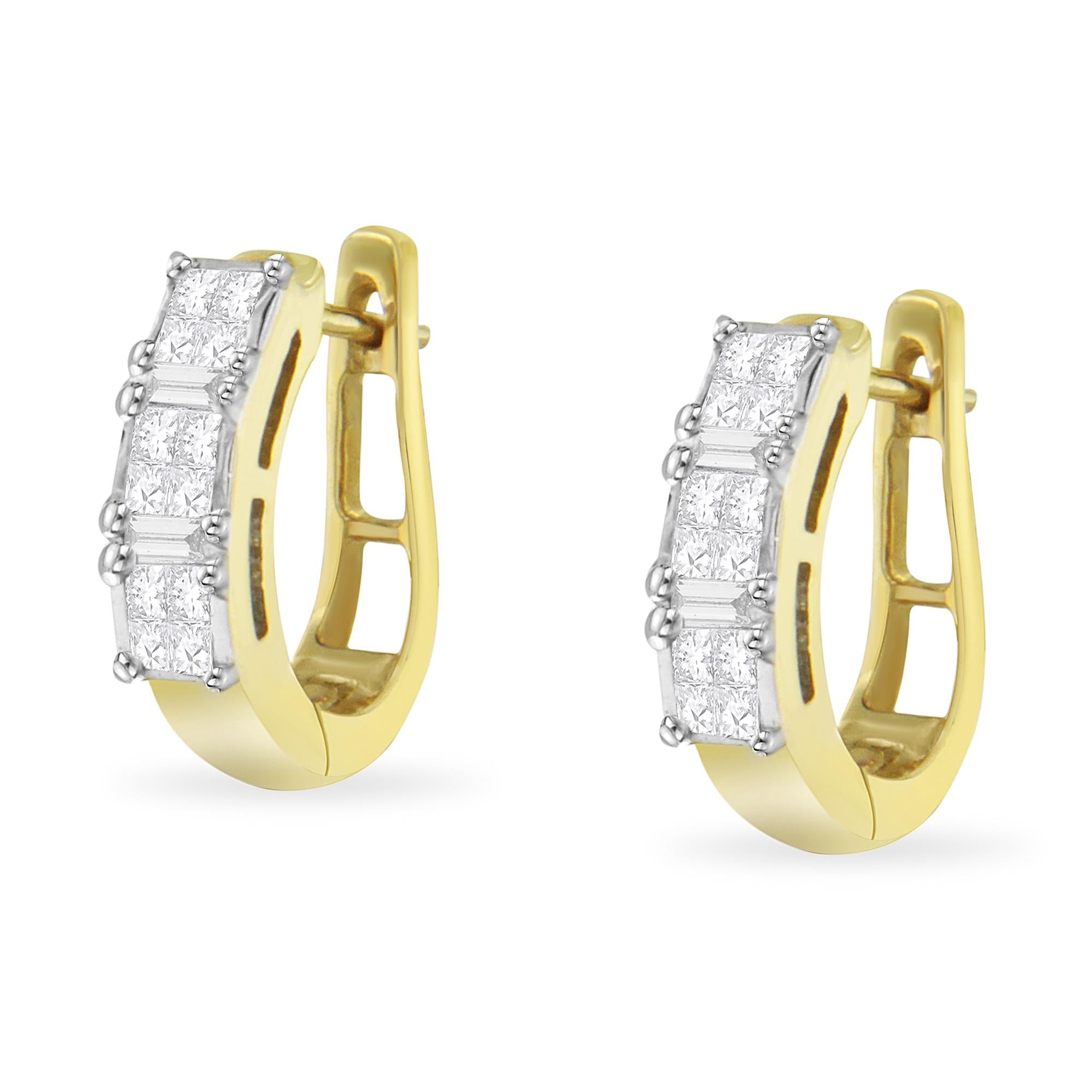 14K Yellow Gold 1/2 Cttw Princess & Baguette-Cut Diamond Invisible-Set U-Hoop Earrings (H-I Color, SI2-I1 Clarity)