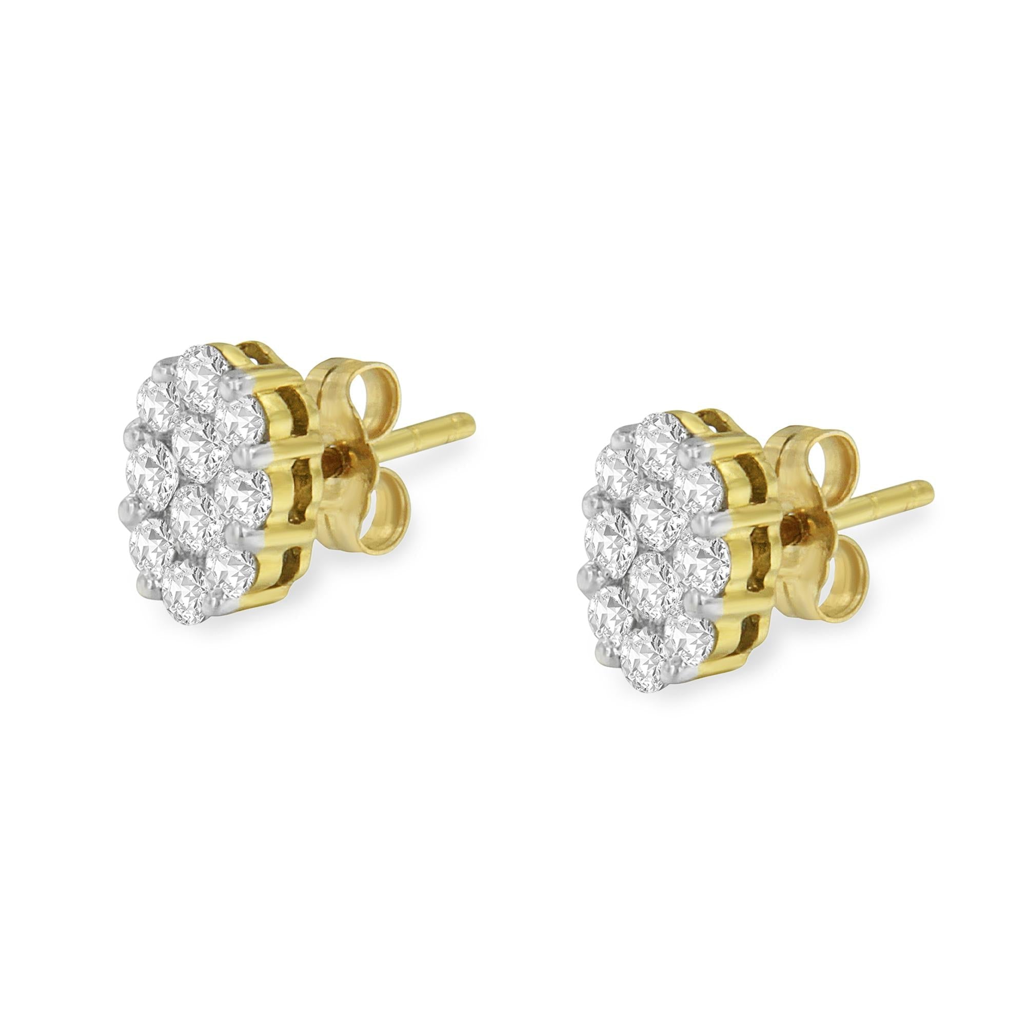 18K Yellow Gold 1.00 Diamond Oval Shaped Composite Cluster Stud Earrings (H-I Color, I1-I2 Clarity)
