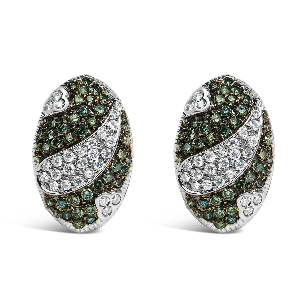 14K White Gold 2.00 Cttw White and Treated Blue Diamond Oval Shield Omega Back Earrings (H-I Color, SI1-SI2 Clarity)