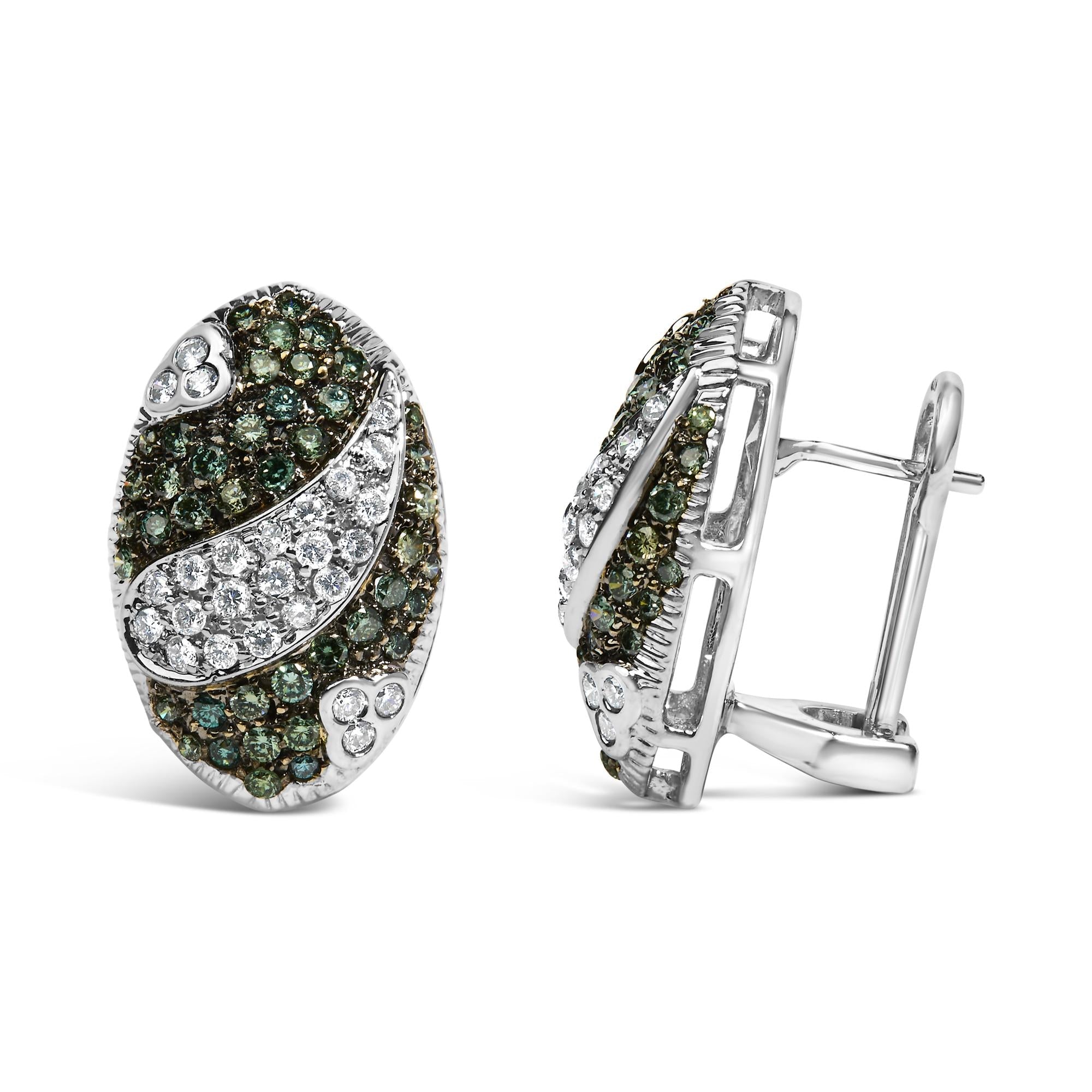 14K White Gold 2.00 Cttw White and Treated Blue Diamond Oval Shield Omega Back Earrings (H-I Color, SI1-SI2 Clarity)