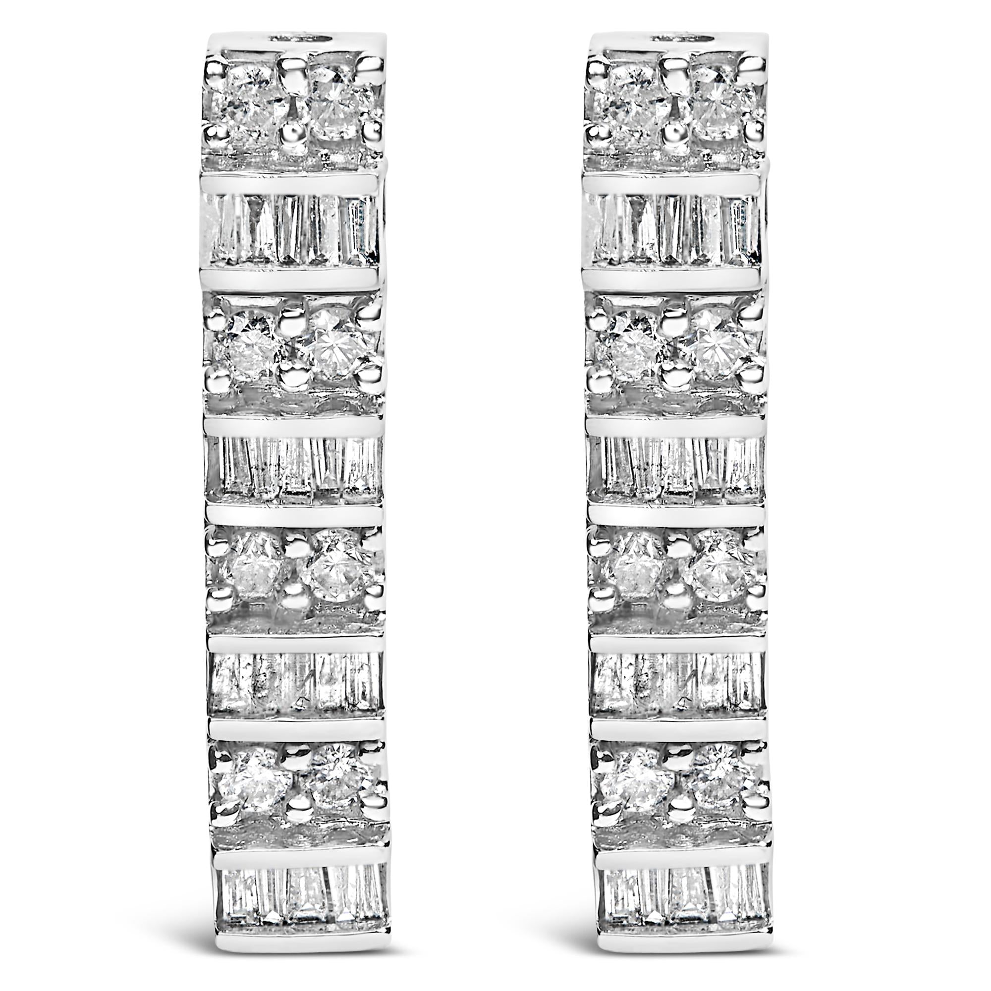 14K White Gold 1 1/3 Cttw Alternating Round And Baguette Diamond Drop Earrings (H-I Color, SI2-I1 Clarity)