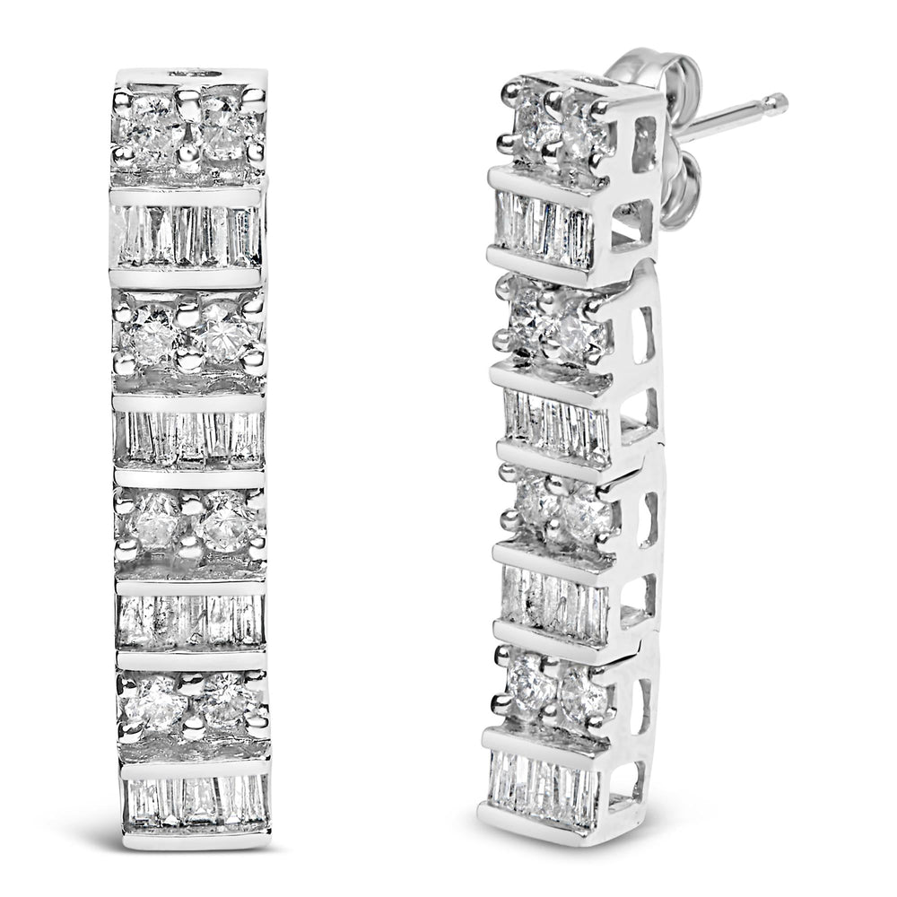 14K White Gold 1 1/3 cttw Round And Baguette Cut Diamond Earrings (H-I, SI2-I1)
