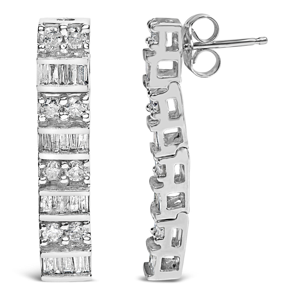 14K White Gold 1 1/3 cttw Round And Baguette Cut Diamond Earrings (H-I, SI2-I1)