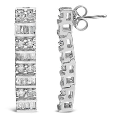 14K White Gold 1 1/3 cttw Round And Baguette Cut Diamond Earrings (H-I, SI2-I1)