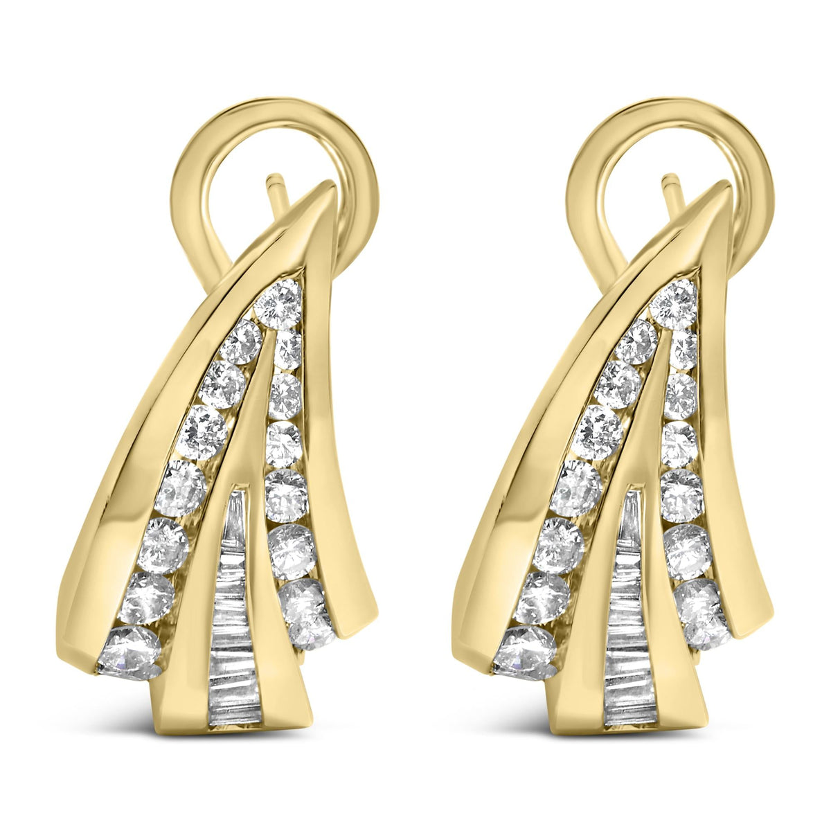 14K Yellow Gold 2-1/4 Cttw Baguette Diamond Modern Omega Huggy Earrings