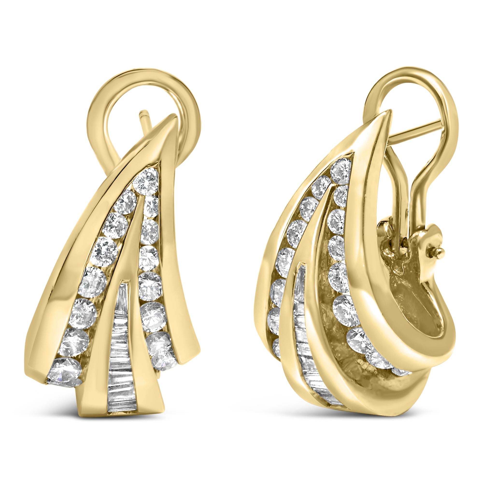 14K Yellow Gold 2-1/4 Cttw Baguette Diamond Modern Omega Huggy Earrings