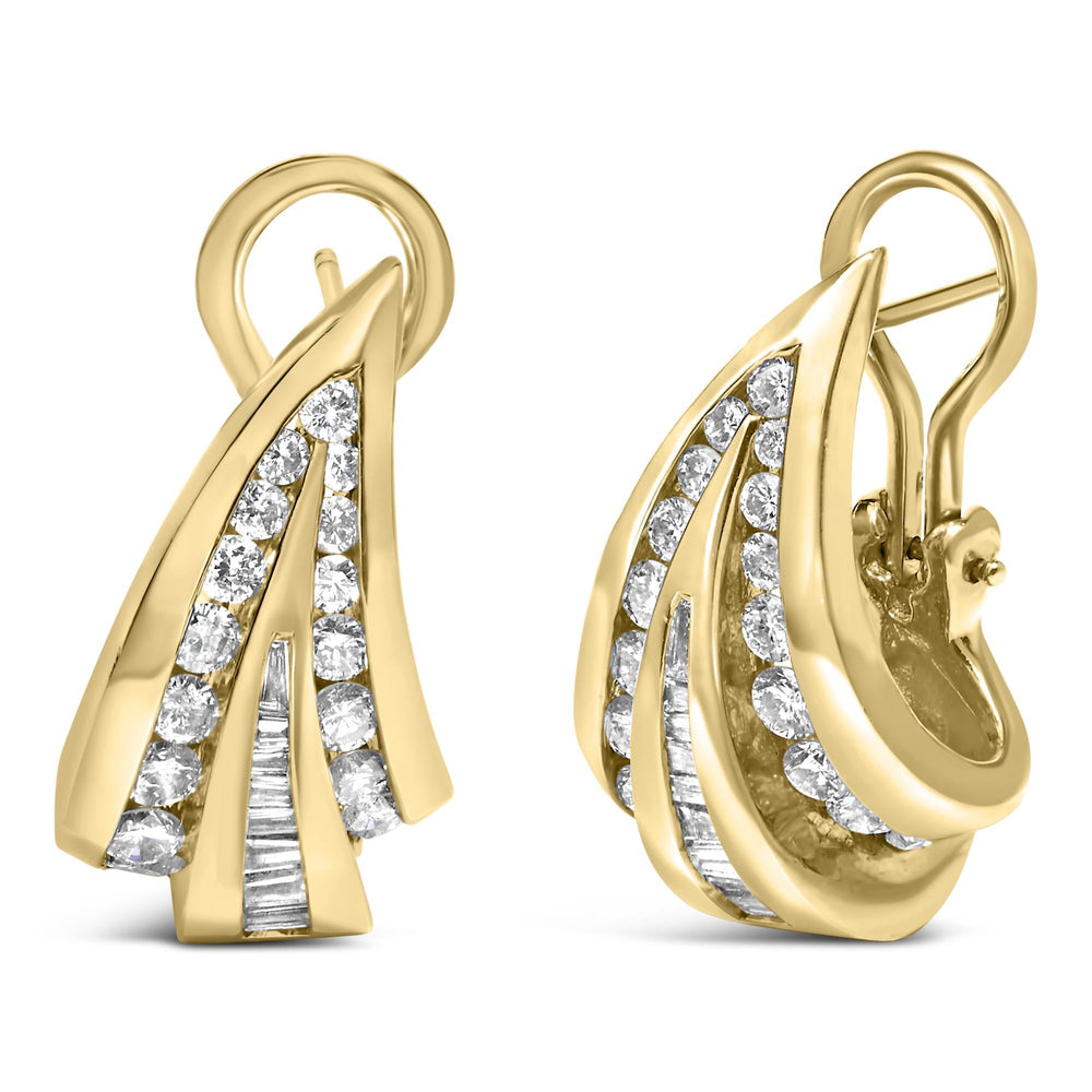 14K Yellow Gold 2-1/4 Cttw Baguette Diamond Modern Omega Huggy Earrings