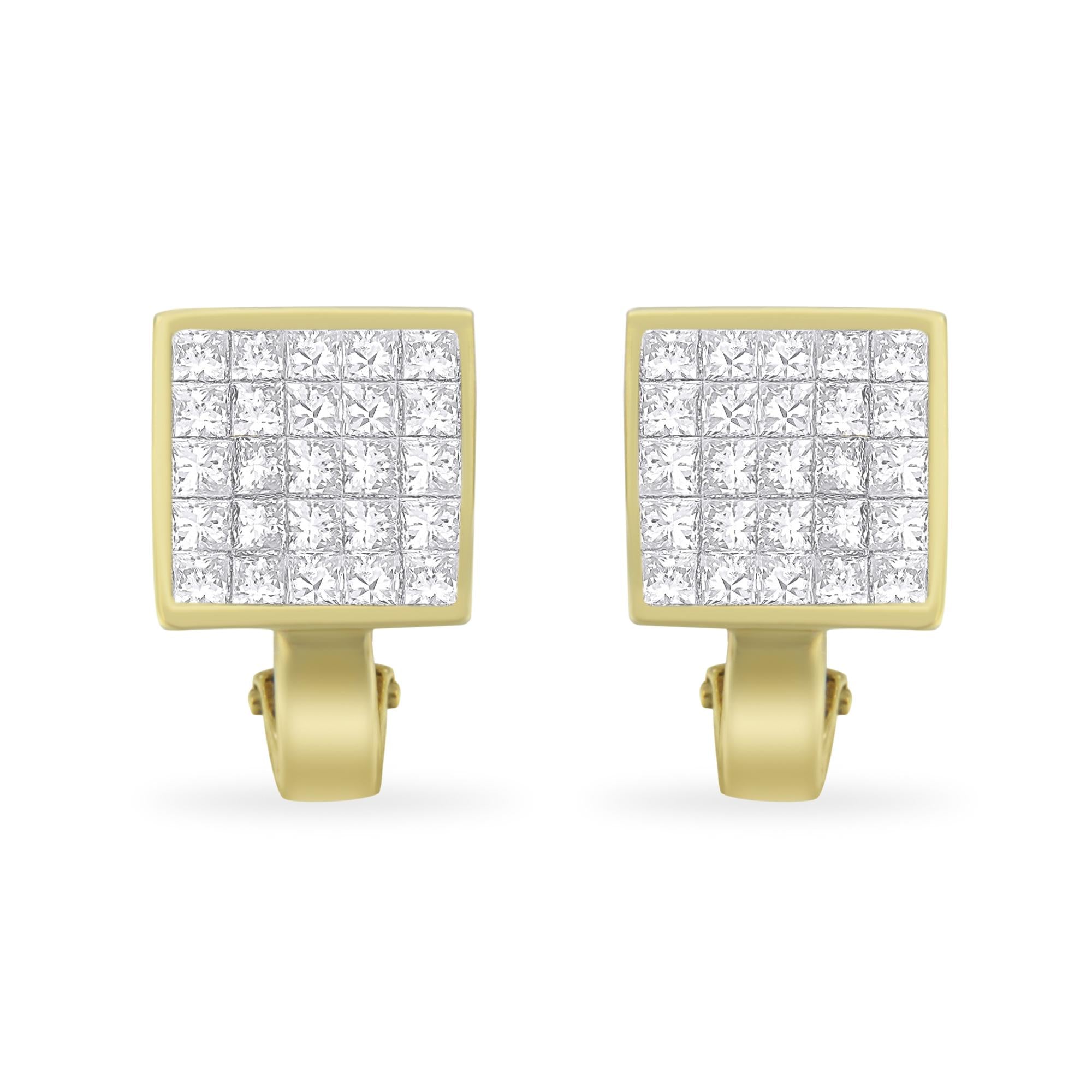 14K Yellow Gold 3-1/5 Cttw Princess Cut Diamond ¾ Square Invisible Set Grid Huggy Style Omega Back Stud Earrings (G-H Color, VS1-VS2 Clarity)