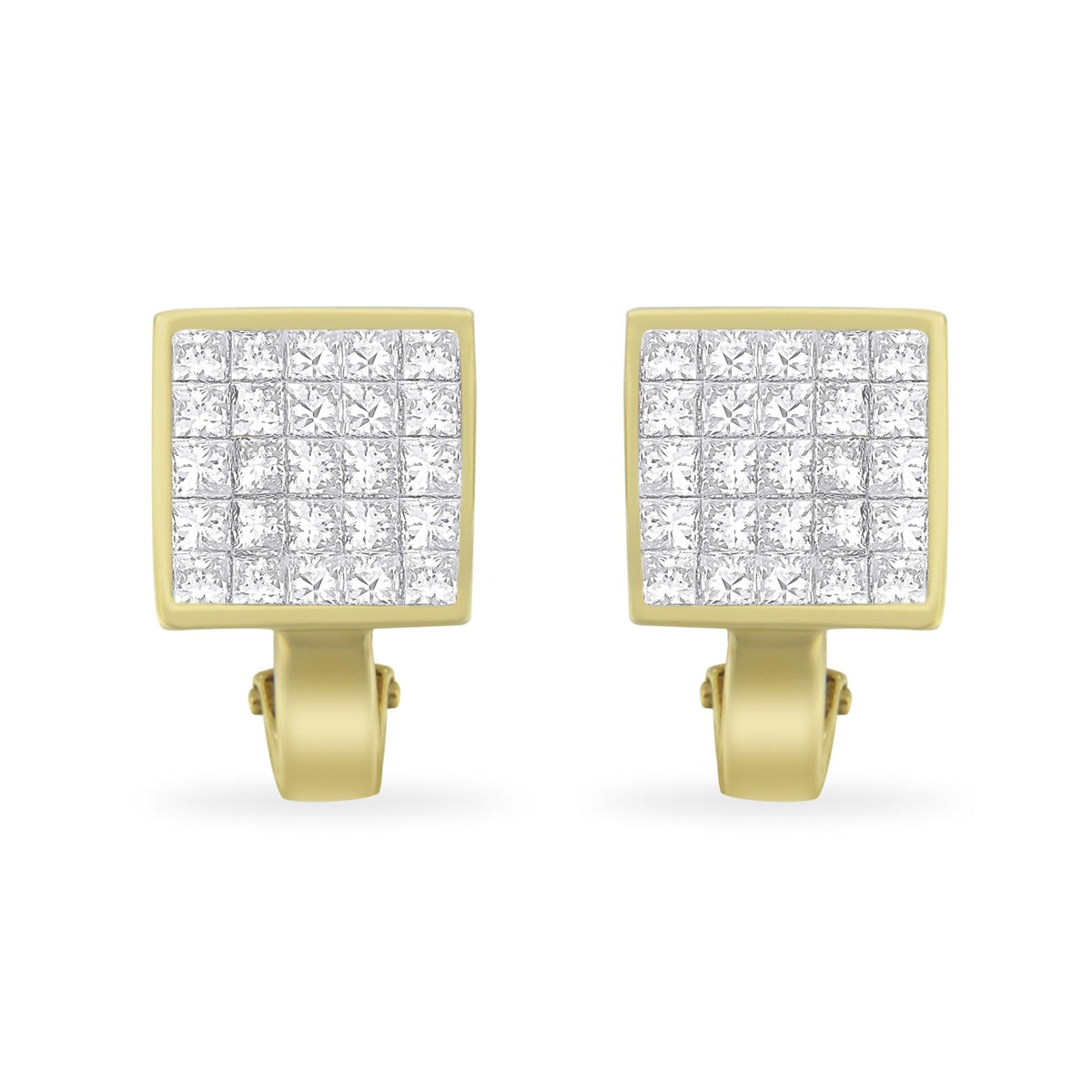 14K Yellow Gold 3-1/5 Cttw Princess Cut Diamond ¾ Square Invisible Set Grid Huggy Style Omega Back Stud Earrings (G-H Color, VS1-VS2 Clarity)