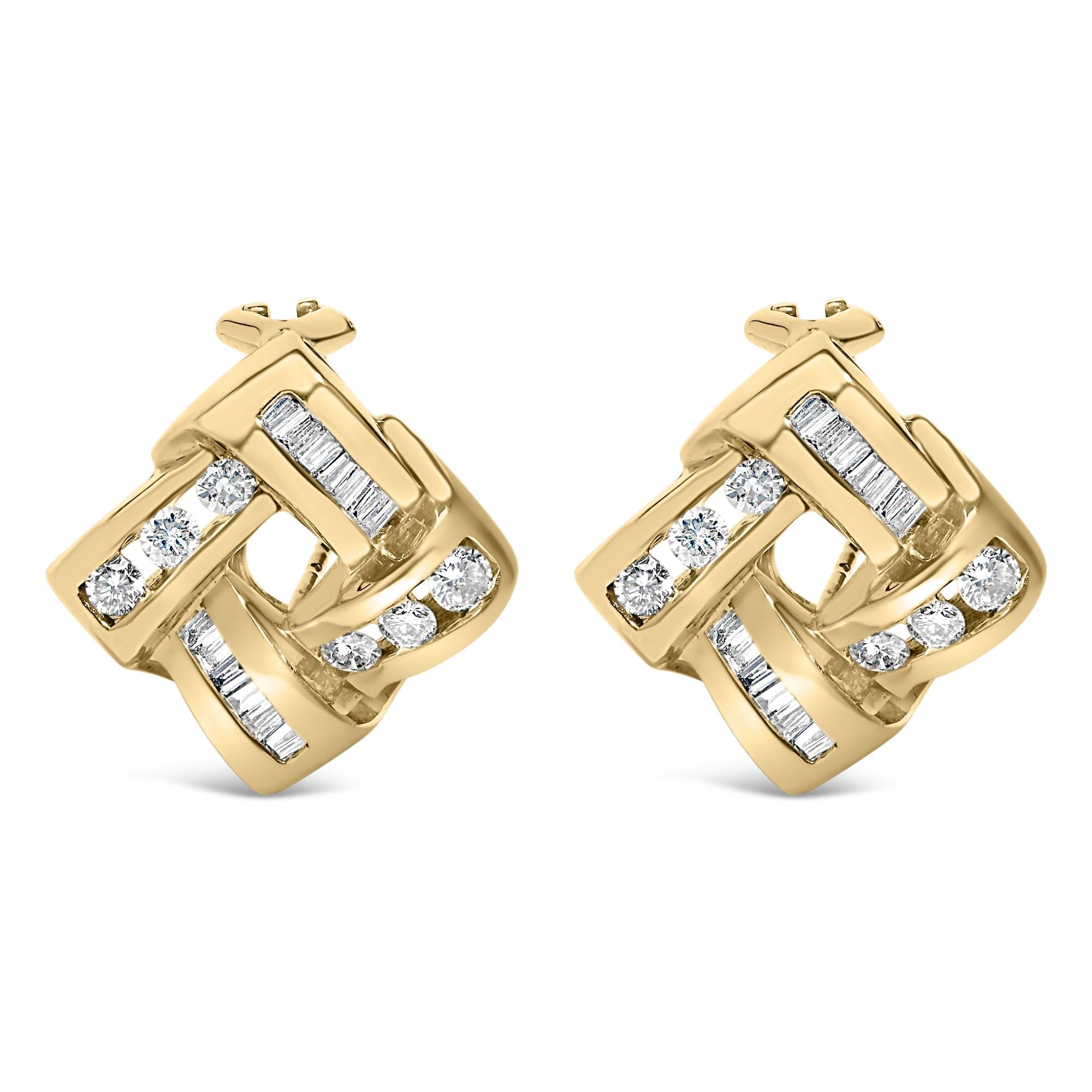 14K Yellow Gold Round and Baguette Cut Diamond Earrings (1 3/4 cttw, H-I Color, VS2-SI1 Clarity)