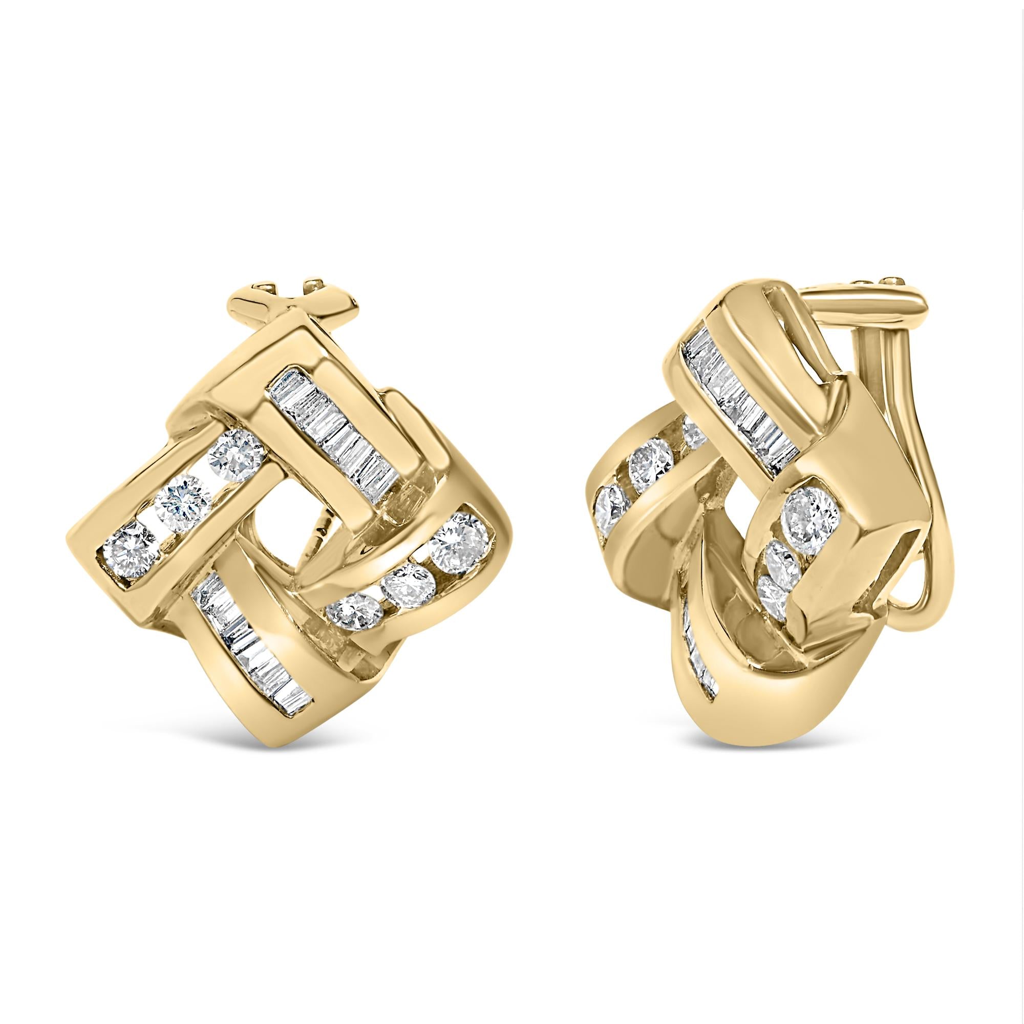 14K Yellow Gold Round and Baguette Cut Diamond Earrings (1 3/4 cttw, H-I Color, VS2-SI1 Clarity)