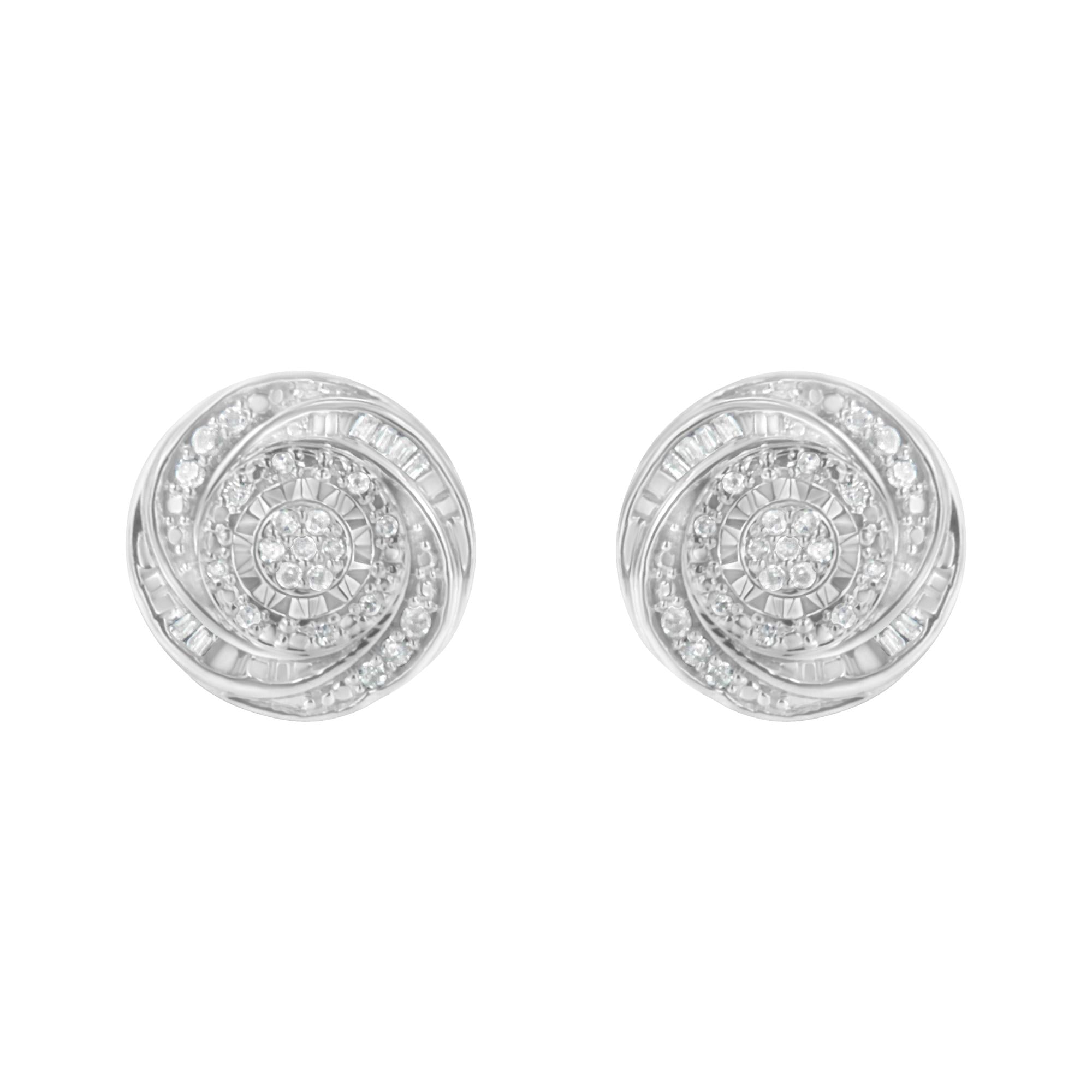 .925 Sterling Silver 1/4 Cttw Baguette and Round Diamond Swirl Love Knot Stud Earrings (I-J Color, I3 Clarity)