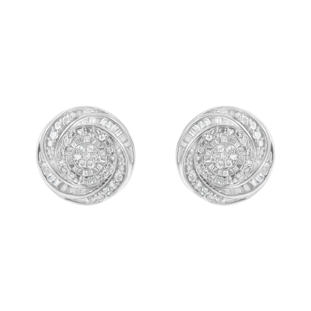 .925 Sterling Silver 1/4 Cttw Baguette and Round Diamond Swirl Love Knot Stud Earrings (I-J Color, I3 Clarity)