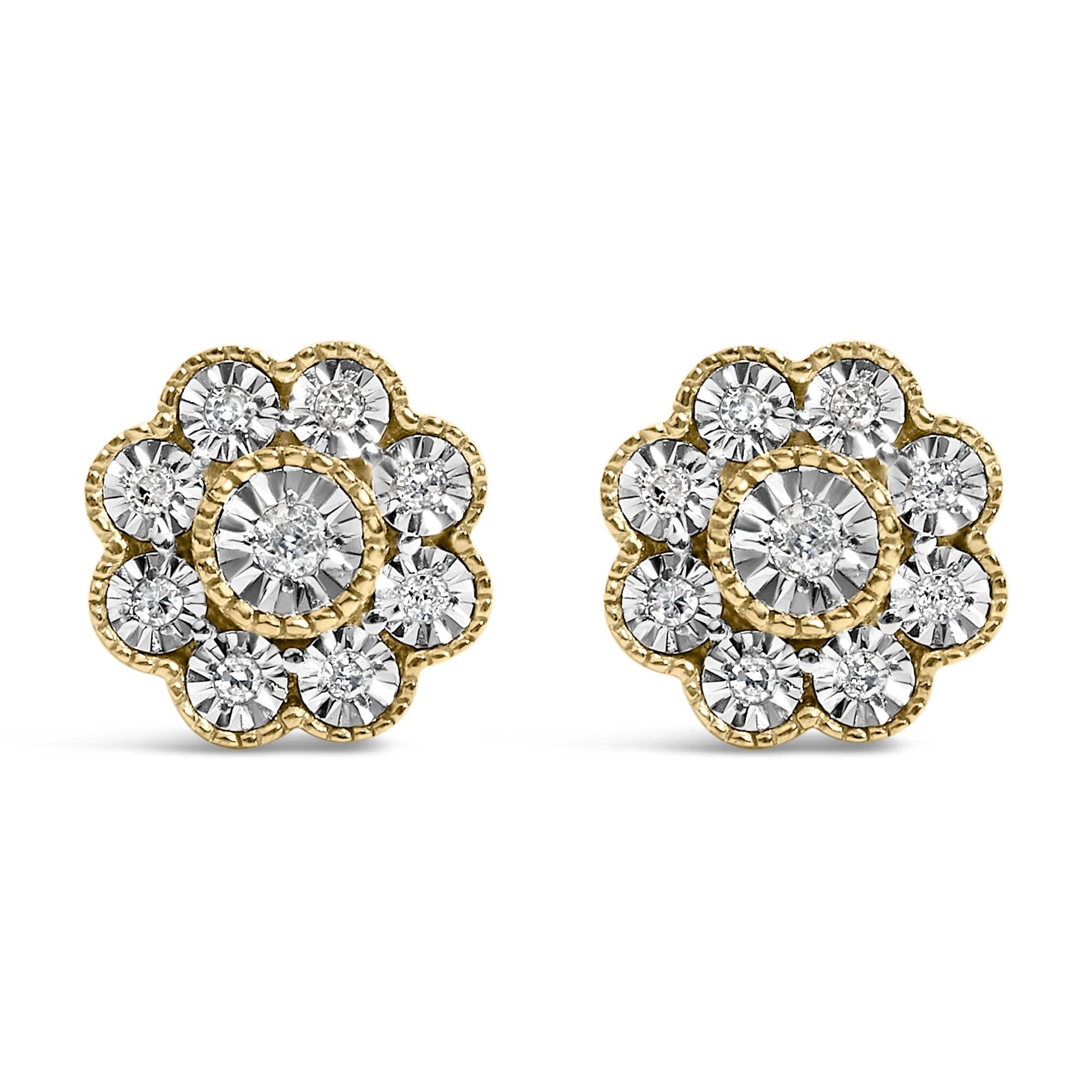 14K Yellow Gold Plated .925 Sterling Silver 1/6 Cttw Miracle-Plate Set Diamond Floral Stud Earrings (I-J Color, I2-I3 Clarity)