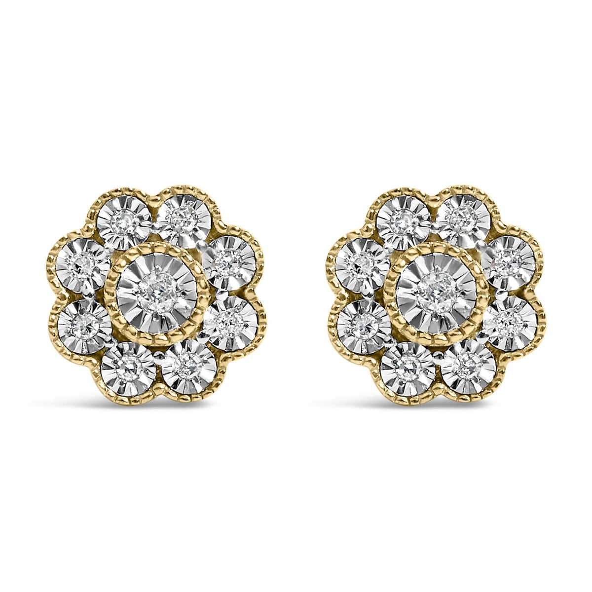 14K Yellow Gold Plated .925 Sterling Silver 1/6 Cttw Miracle-Plate Set Diamond Floral Stud Earrings (I-J Color, I2-I3 Clarity)