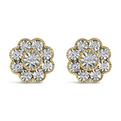 14K Yellow Gold Plated .925 Sterling Silver 1/6 Cttw Miracle-Plate Set Diamond Floral Stud Earrings (I-J Color, I2-I3 Clarity)