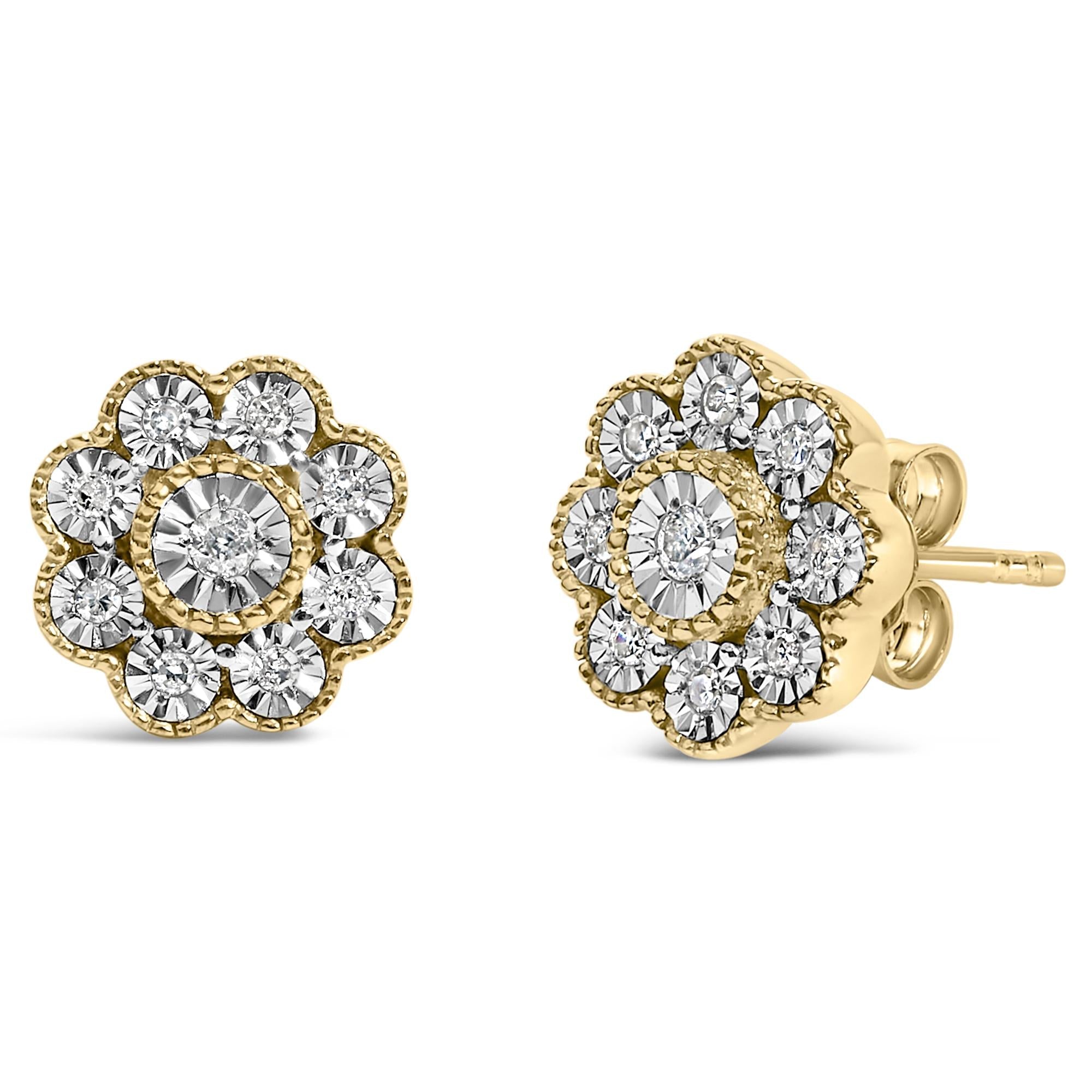 14K Yellow Gold Plated .925 Sterling Silver 1/6 Cttw Miracle-Plate Set Diamond Floral Stud Earrings (I-J Color, I2-I3 Clarity)
