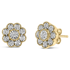 14K Yellow Gold Plated .925 Sterling Silver 1/6 Cttw Miracle-Plate Set Diamond Floral Stud Earrings (I-J Color, I2-I3 Clarity)