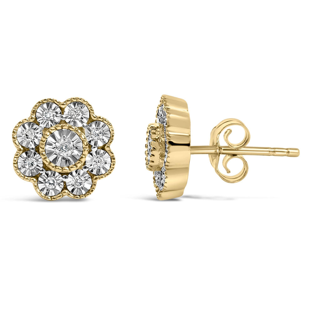14K Yellow Gold Plated .925 Sterling Silver 1/6 Cttw Miracle-Plate Set Diamond Floral Stud Earrings (I-J Color, I2-I3 Clarity)