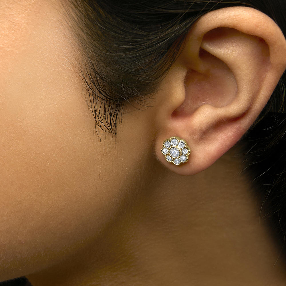 14K Yellow Gold Plated .925 Sterling Silver 1/6 Cttw Miracle-Plate Set Diamond Floral Stud Earrings (I-J Color, I2-I3 Clarity)