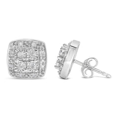 .925 Sterling Silver 1/4 cttw Round Cut Diamond Square Shape Milgrain Stud Earrings (I-J Color, I3 Clarity)