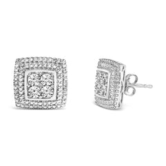 .925 Sterling Silver Diamond Accented Square Shaped Milgrain Stud Earrings (I-J Clarity, I3 Color)