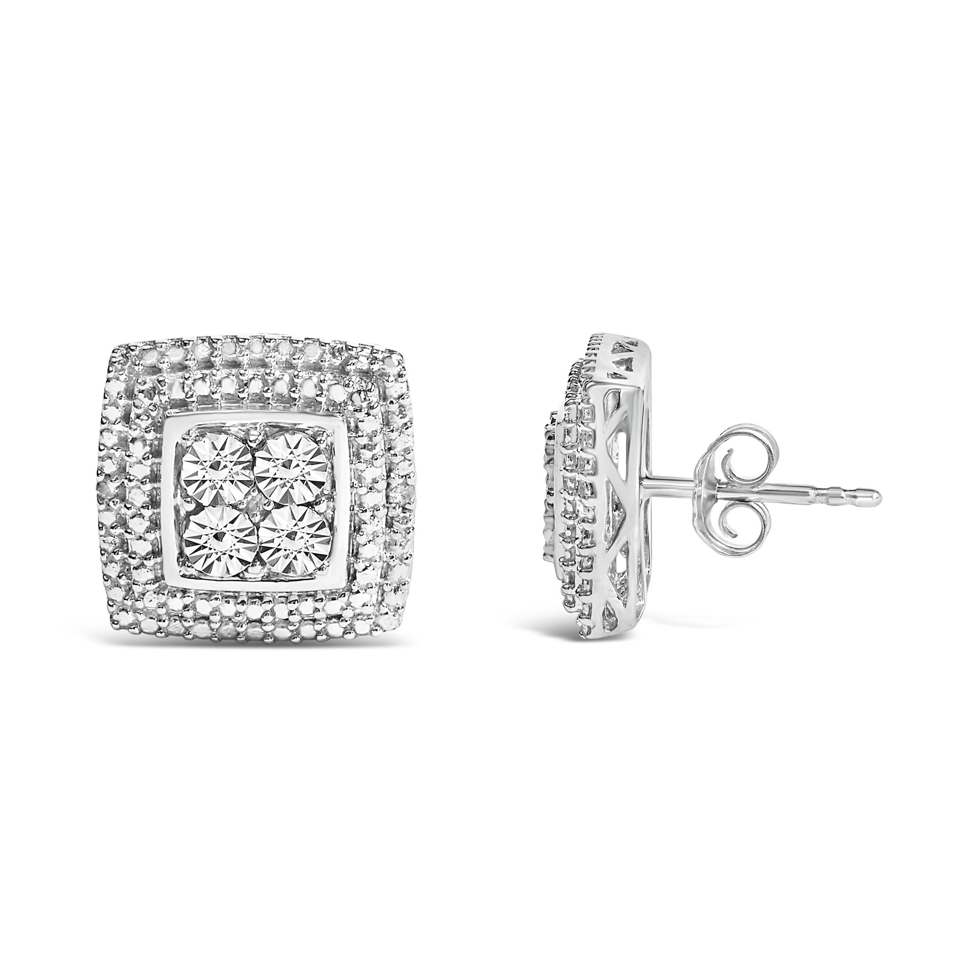 .925 Sterling Silver Diamond Accented Square Shaped Milgrain Stud Earrings (I-J Clarity, I3 Color)