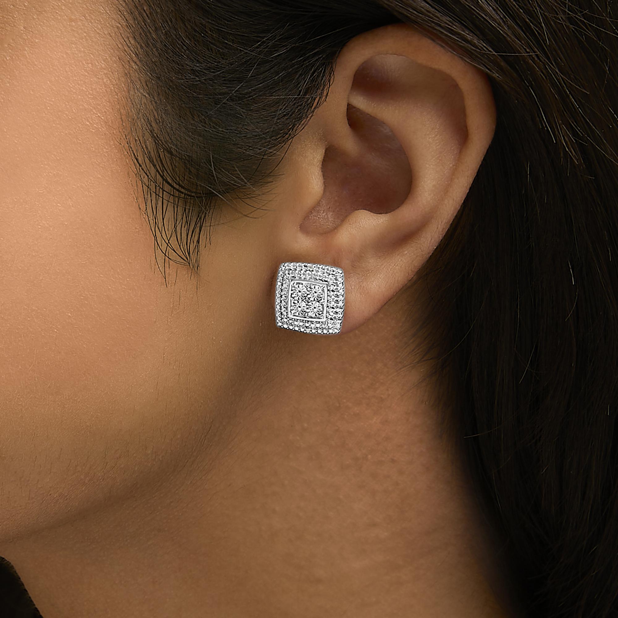 .925 Sterling Silver Diamond Accented Square Shaped Milgrain Stud Earrings (I-J Clarity, I3 Color)