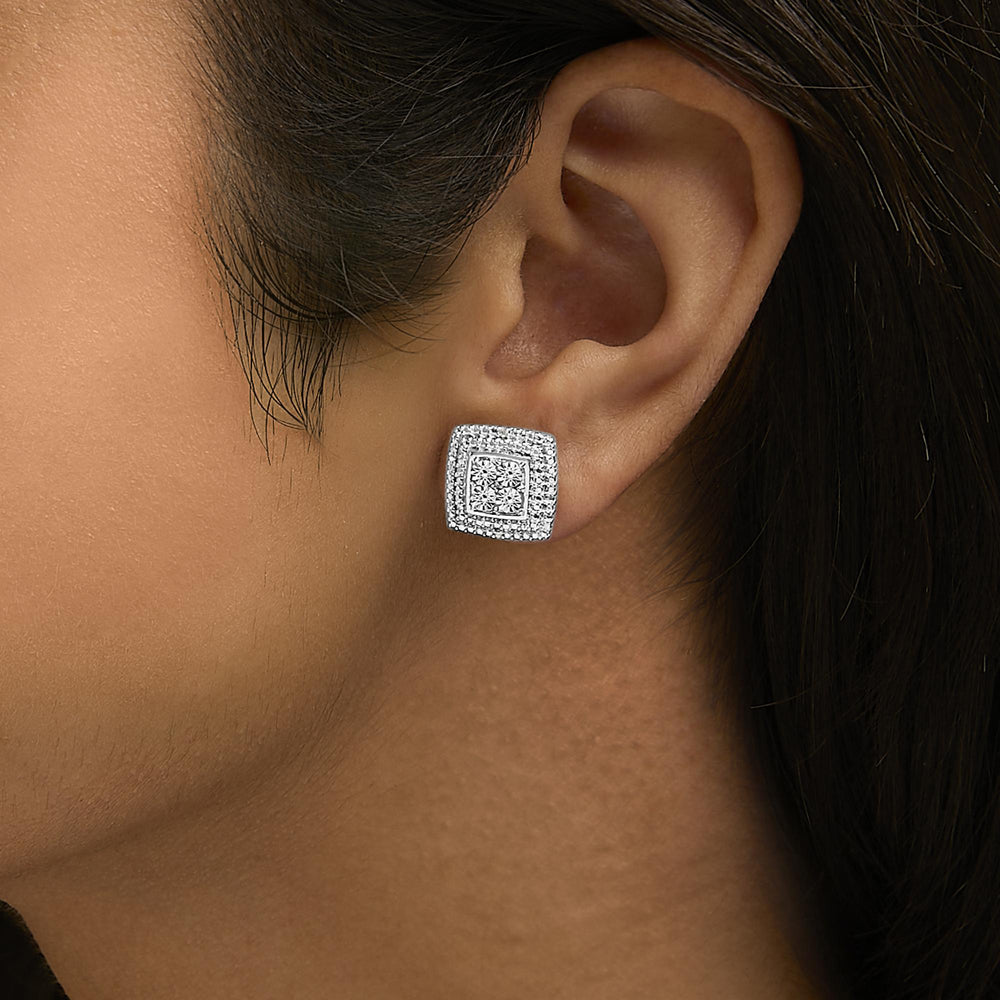 .925 Sterling Silver Diamond Accented Square Shaped Milgrain Stud Earrings (I-J Clarity, I3 Color)