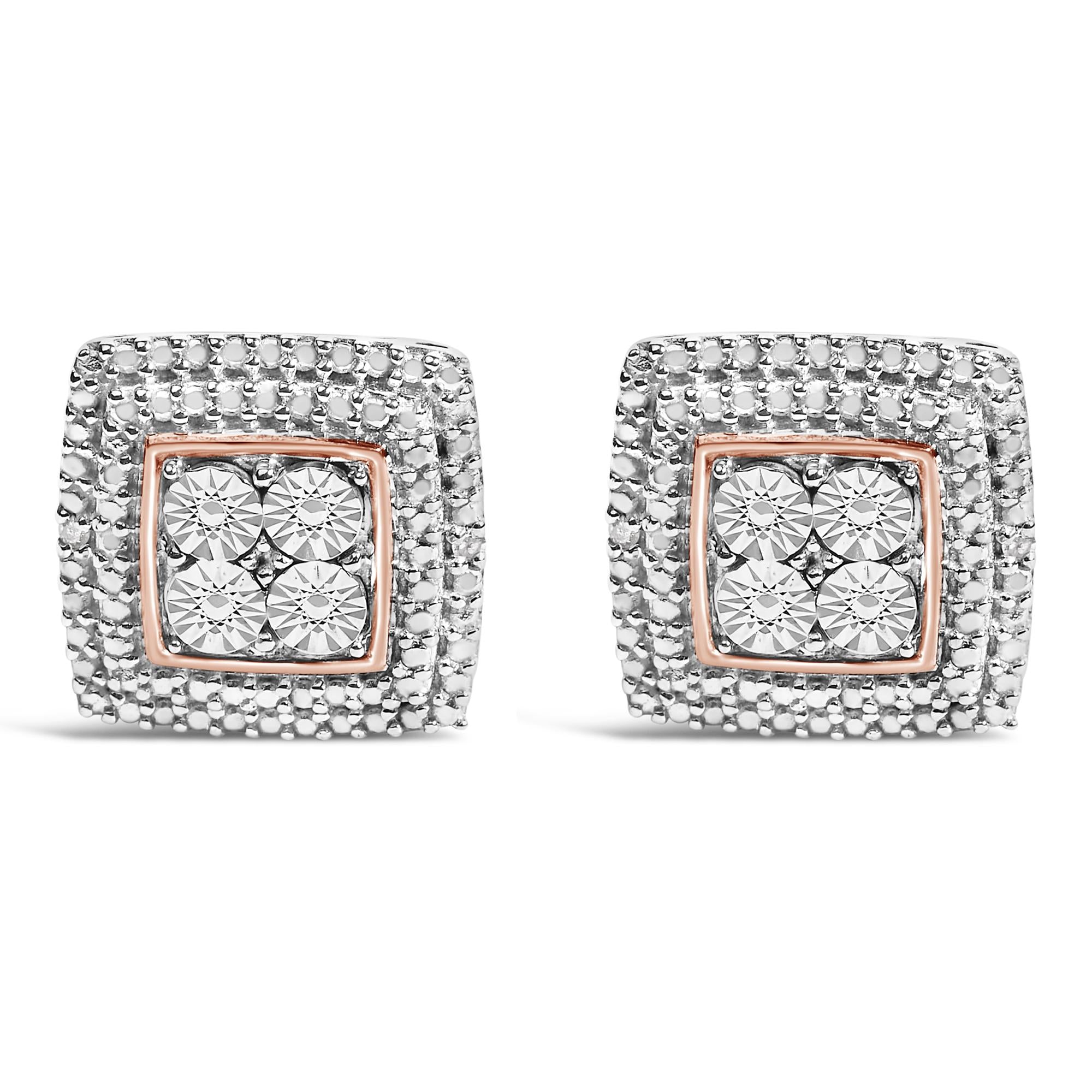 .925 Sterling Silver Diamond Accented Square Shaped Milgrain Stud Earrings (I-J Clarity, I3 Color)