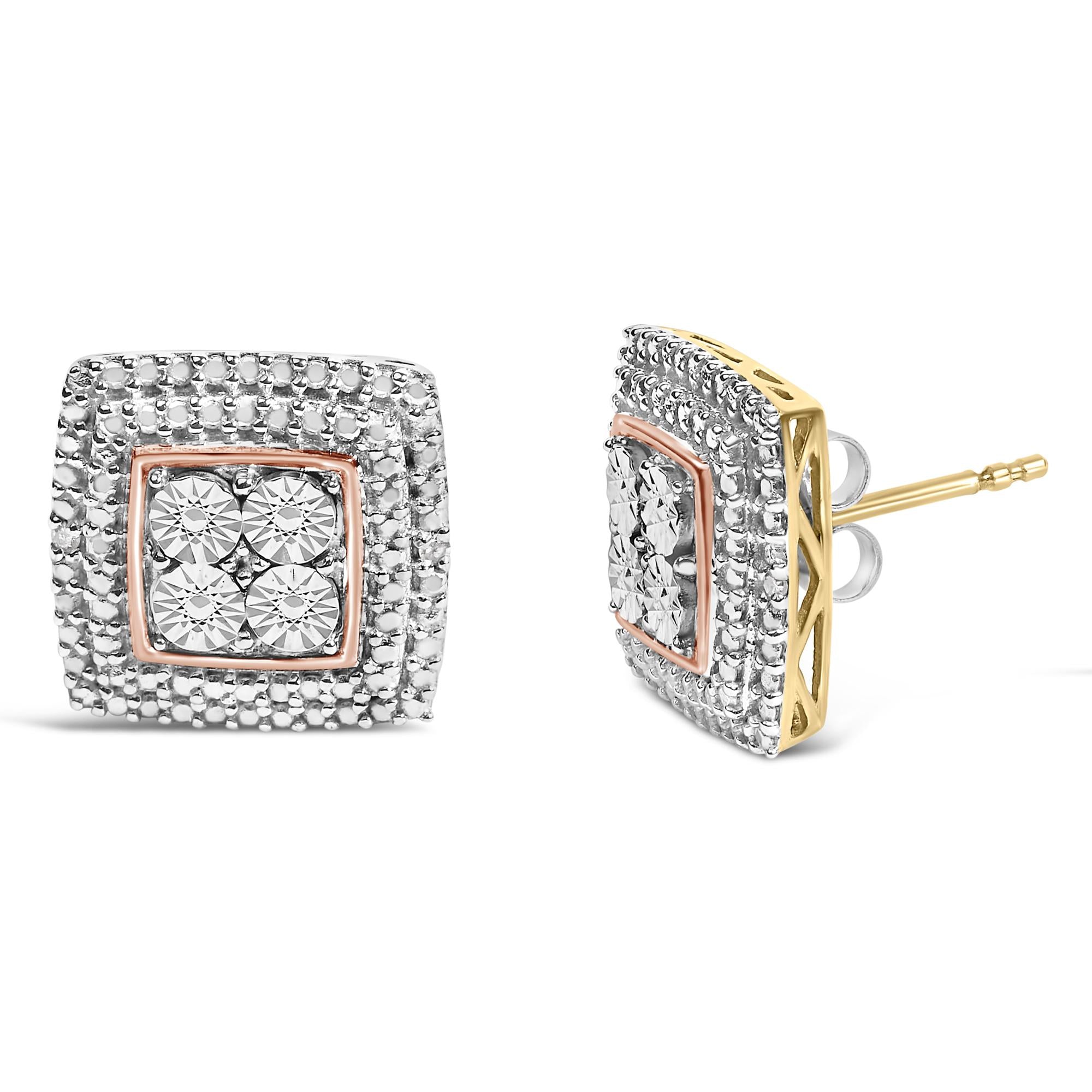 .925 Sterling Silver Diamond Accented Square Shaped Milgrain Stud Earrings (I-J Clarity, I3 Color)