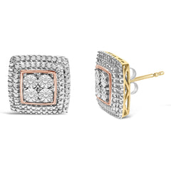 .925 Sterling Silver Diamond Accented Square Shaped Milgrain Stud Earrings (I-J Clarity, I3 Color)