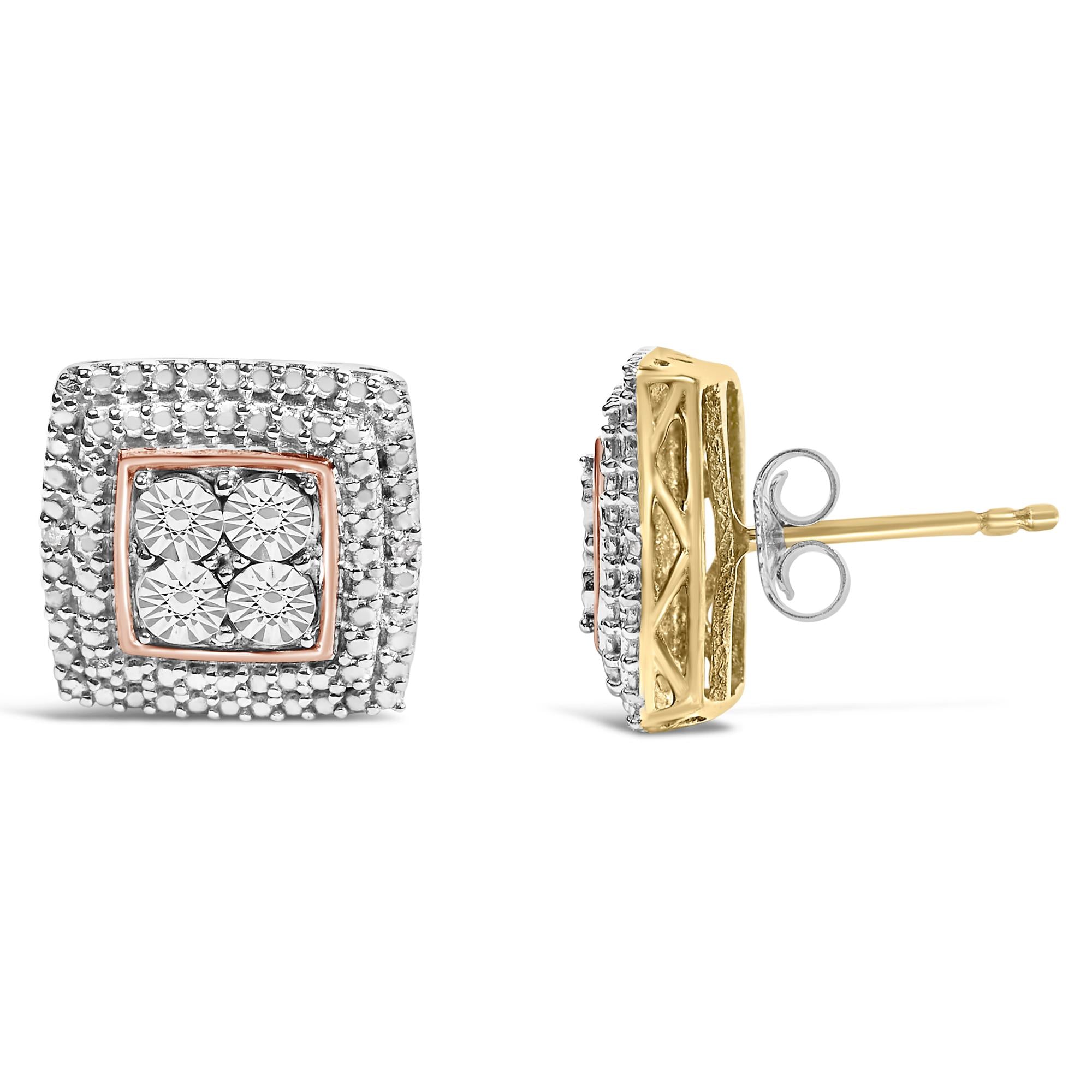 .925 Sterling Silver Diamond Accented Square Shaped Milgrain Stud Earrings (I-J Clarity, I3 Color)