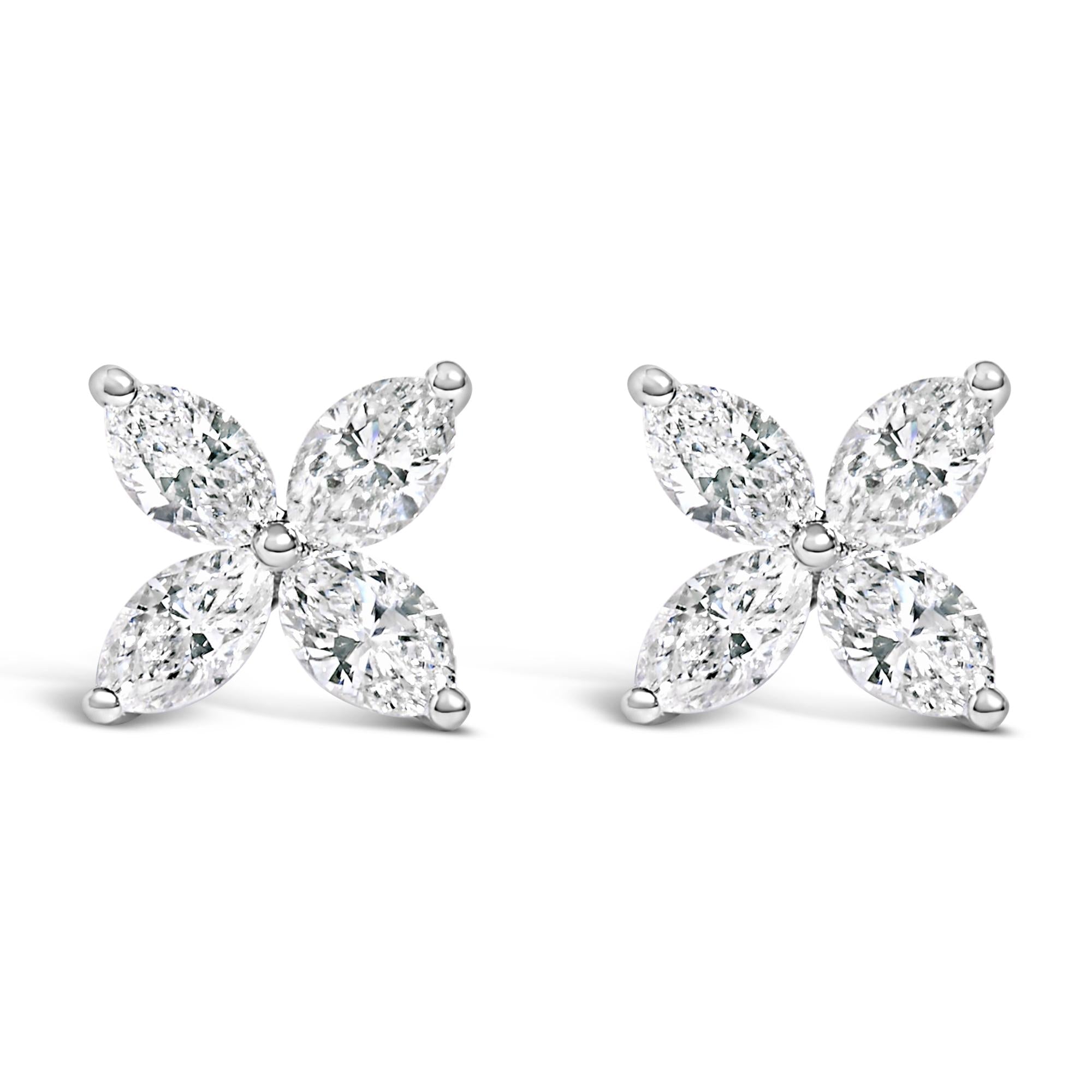 14K White Gold 1.0 Cttw Lab Grown Marquise Diamond 8 Stone Floral Leaf Stud Earrings (F-G Color, VS2-SI1 Clarity)