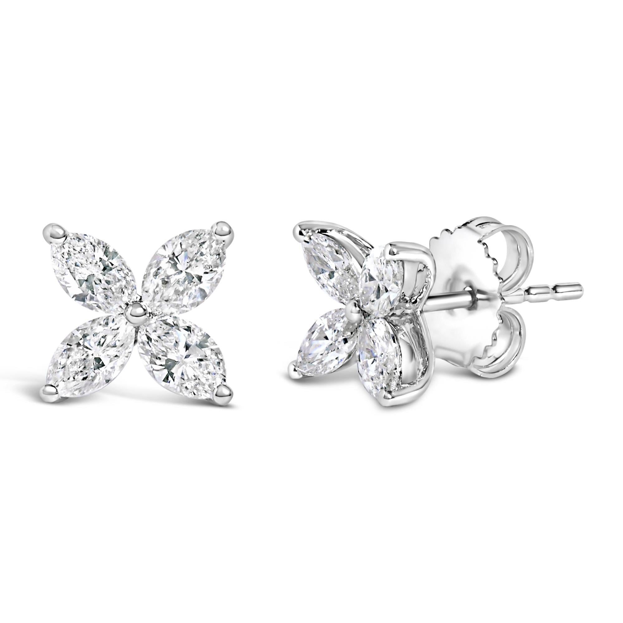 14K White Gold 1.0 Cttw Marquise Diamond 8 Stone Floral Leaf Stud Earrings (H-I Color, SI2-I1 Clarity)