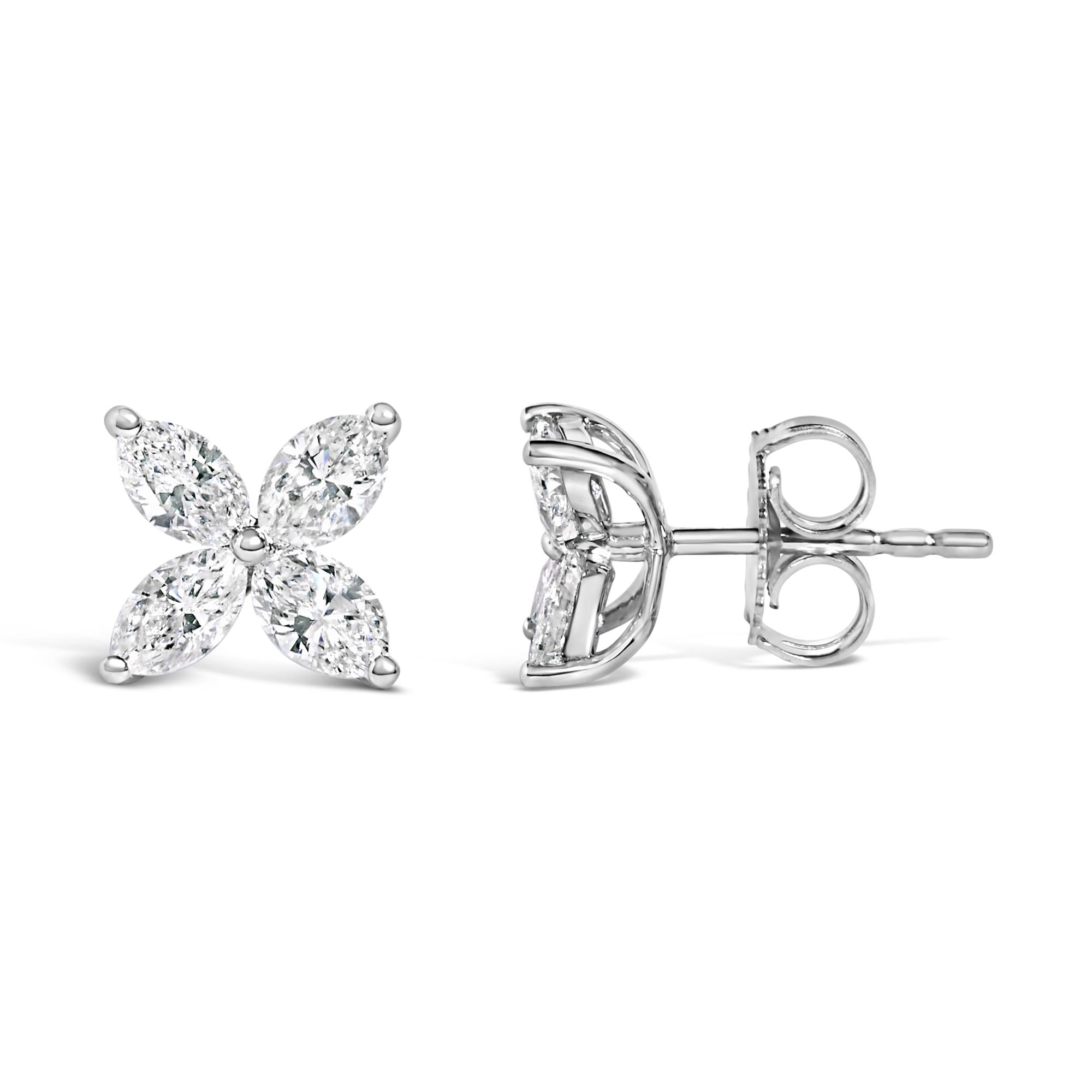 14K White Gold 1.0 Cttw Marquise Diamond 8 Stone Floral Leaf Stud Earrings (H-I Color, SI2-I1 Clarity)