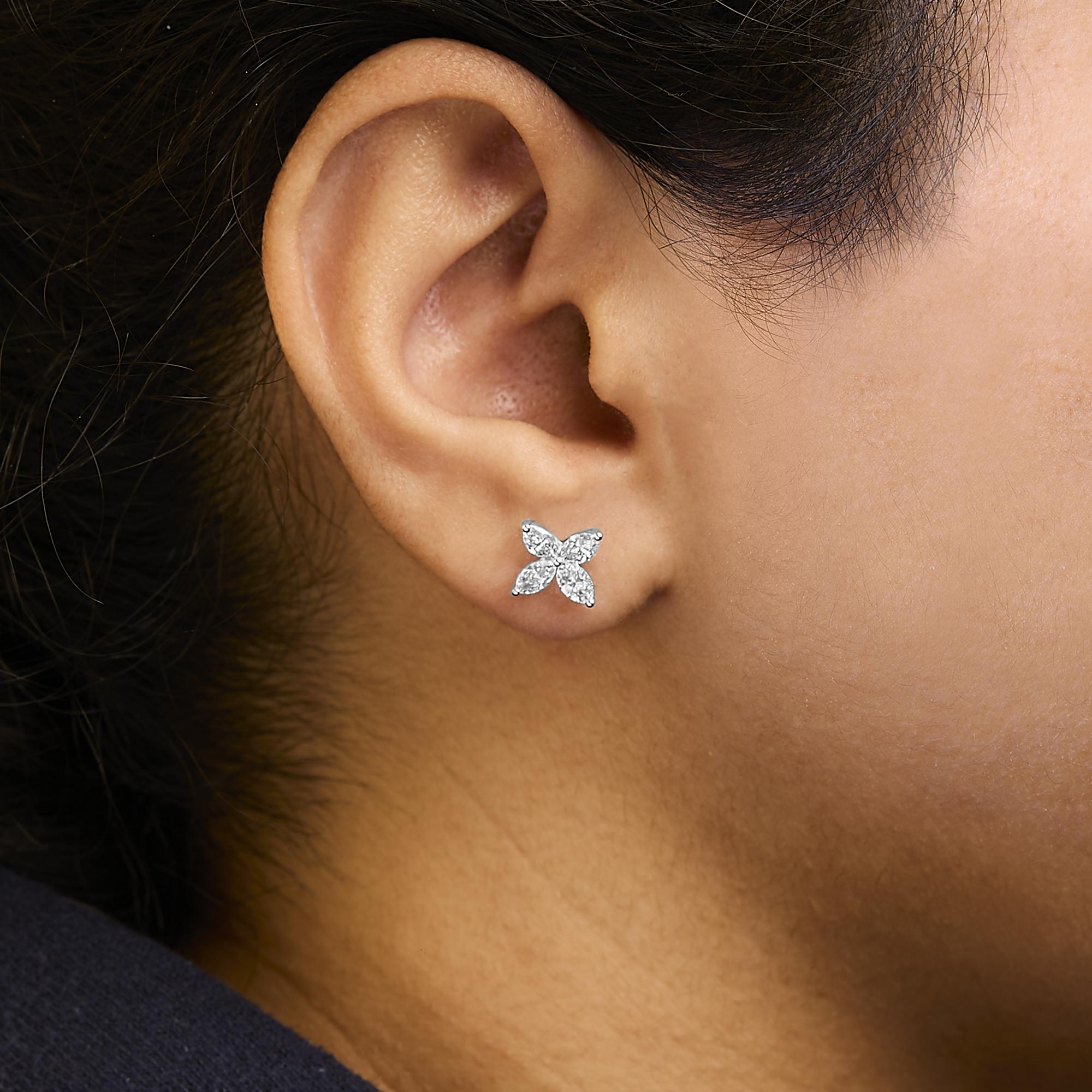 14K White Gold 1.0 Cttw Marquise Diamond 8 Stone Floral Leaf Stud Earrings (H-I Color, SI2-I1 Clarity)