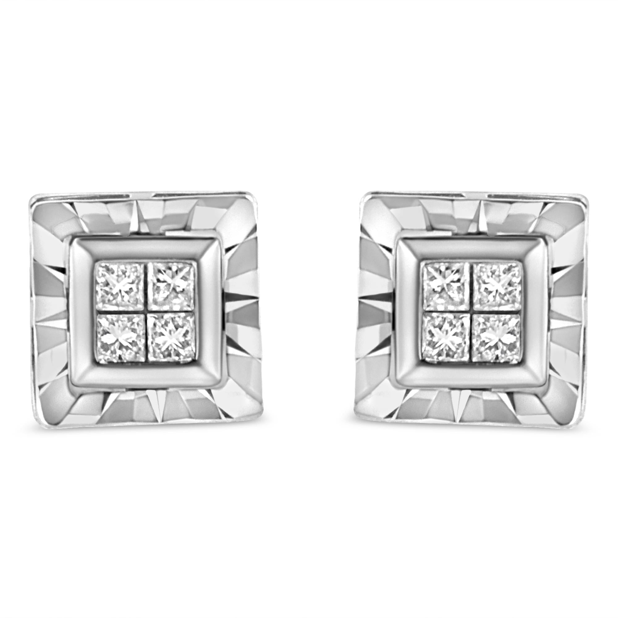 .925 Sterling Silver 1/6 Cttw Invisible Set Princess-Cut Diamond Quad Composite Stud Earrings (H-I Color, I1-I2 Clarity)