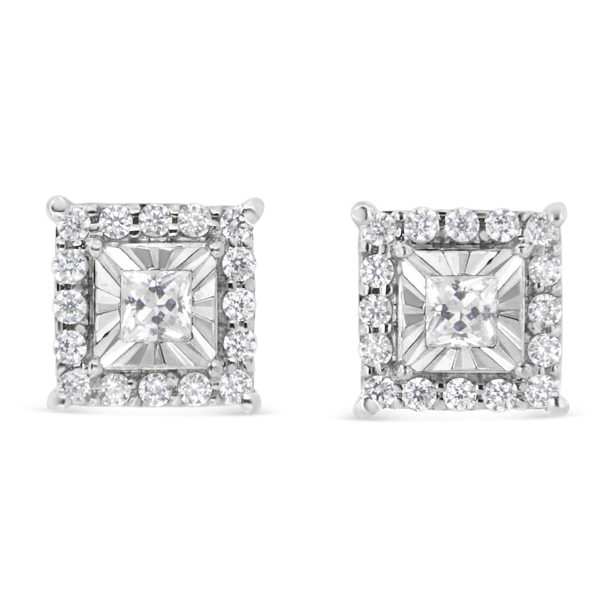 .925 Sterling Silver 1/4 Cttw Princess and Round Cut Diamond Halo Stud Earrings (I-J Color, I2-I3 Clarity)