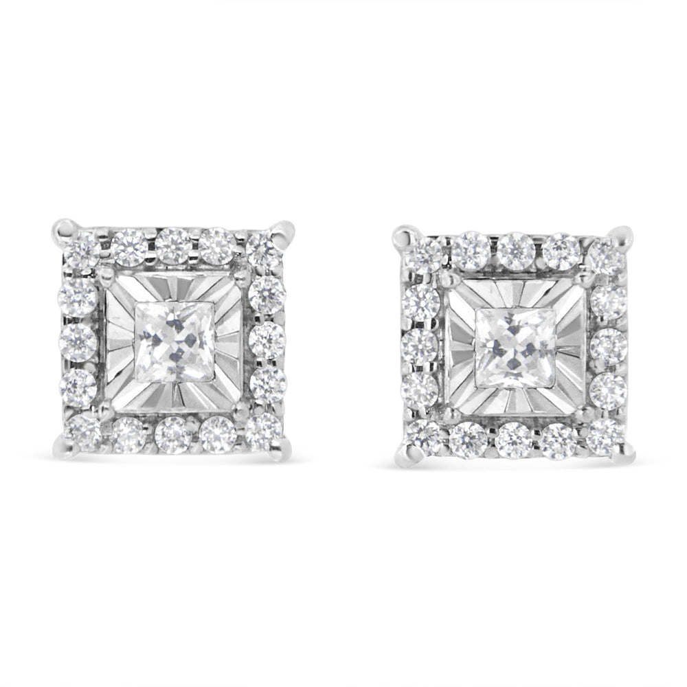 .925 Sterling Silver 1/4 Cttw Princess and Round Cut Diamond Halo Stud Earrings (I-J Color, I2-I3 Clarity)
