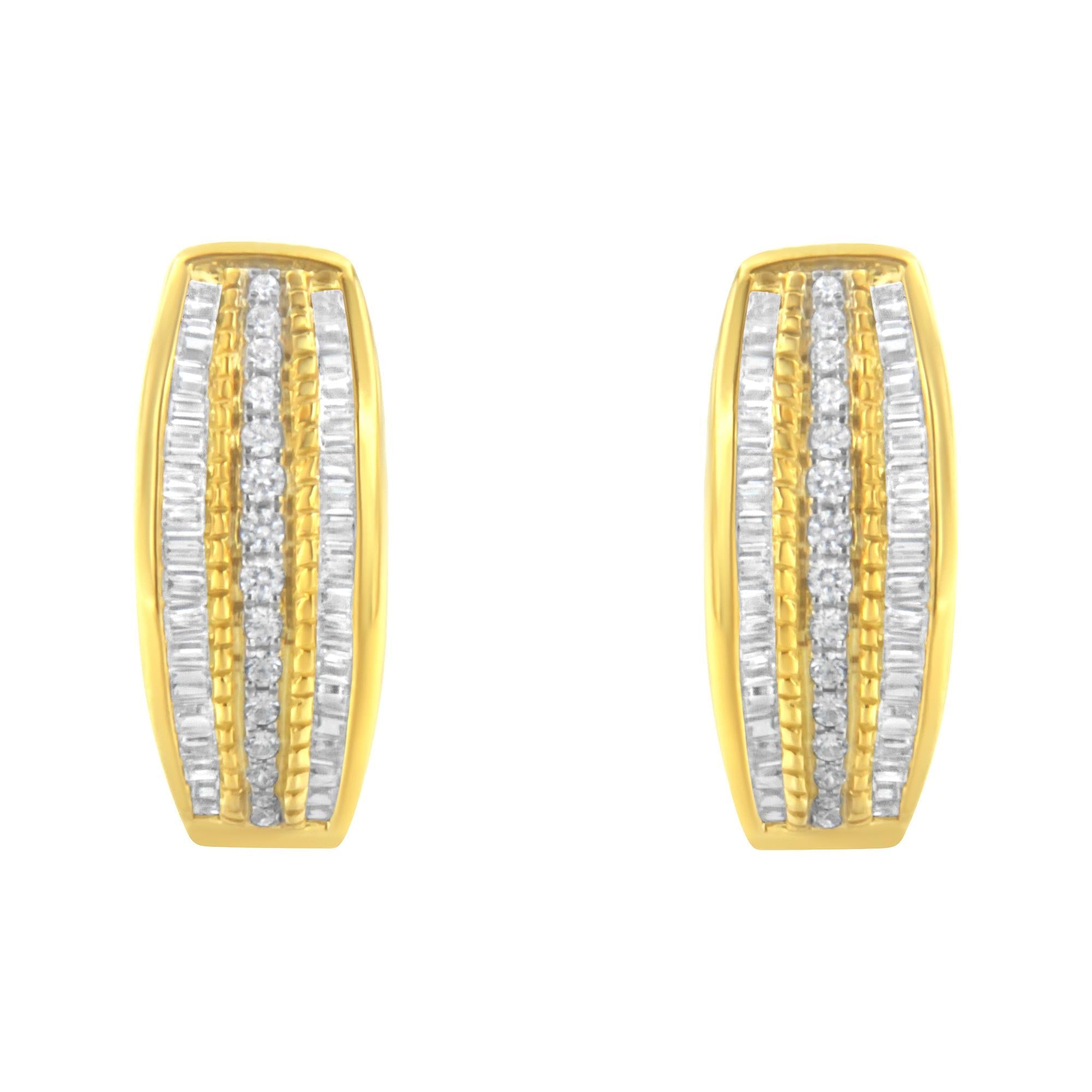 10K Yellow Gold 3/4 Cttw Pave and Channel Set Diamond Triple Row Modern Hoop Earrings (I-J Color, I2-I3 Clarity)