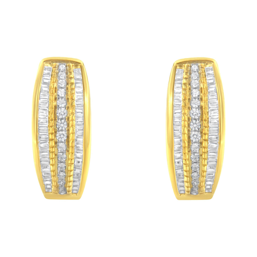 10K Yellow Gold 3/4 Cttw Pave and Channel Set Diamond Triple Row Modern Hoop Earrings (I-J Color, I2-I3 Clarity)