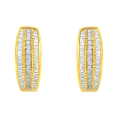 10K Yellow Gold 3/4 Cttw Pave and Channel Set Diamond Triple Row Modern Hoop Earrings (I-J Color, I2-I3 Clarity)