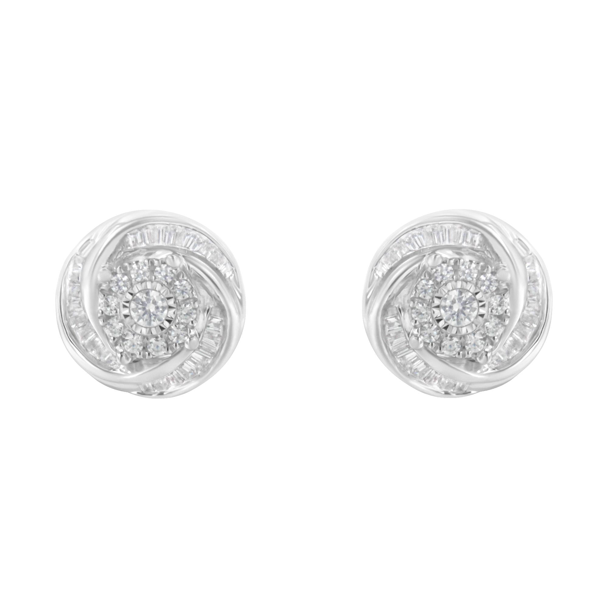.925 Sterling Silver 3/4 Cttw Round and Baguette-Cut Diamond Love Knot Stud Earring (I-J Color, I2-I3 Clarity)