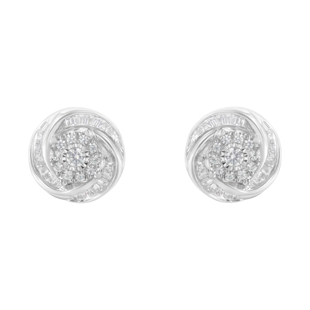 .925 Sterling Silver 3/4 Cttw Round and Baguette-Cut Diamond Love Knot Stud Earring (I-J Color, I2-I3 Clarity)