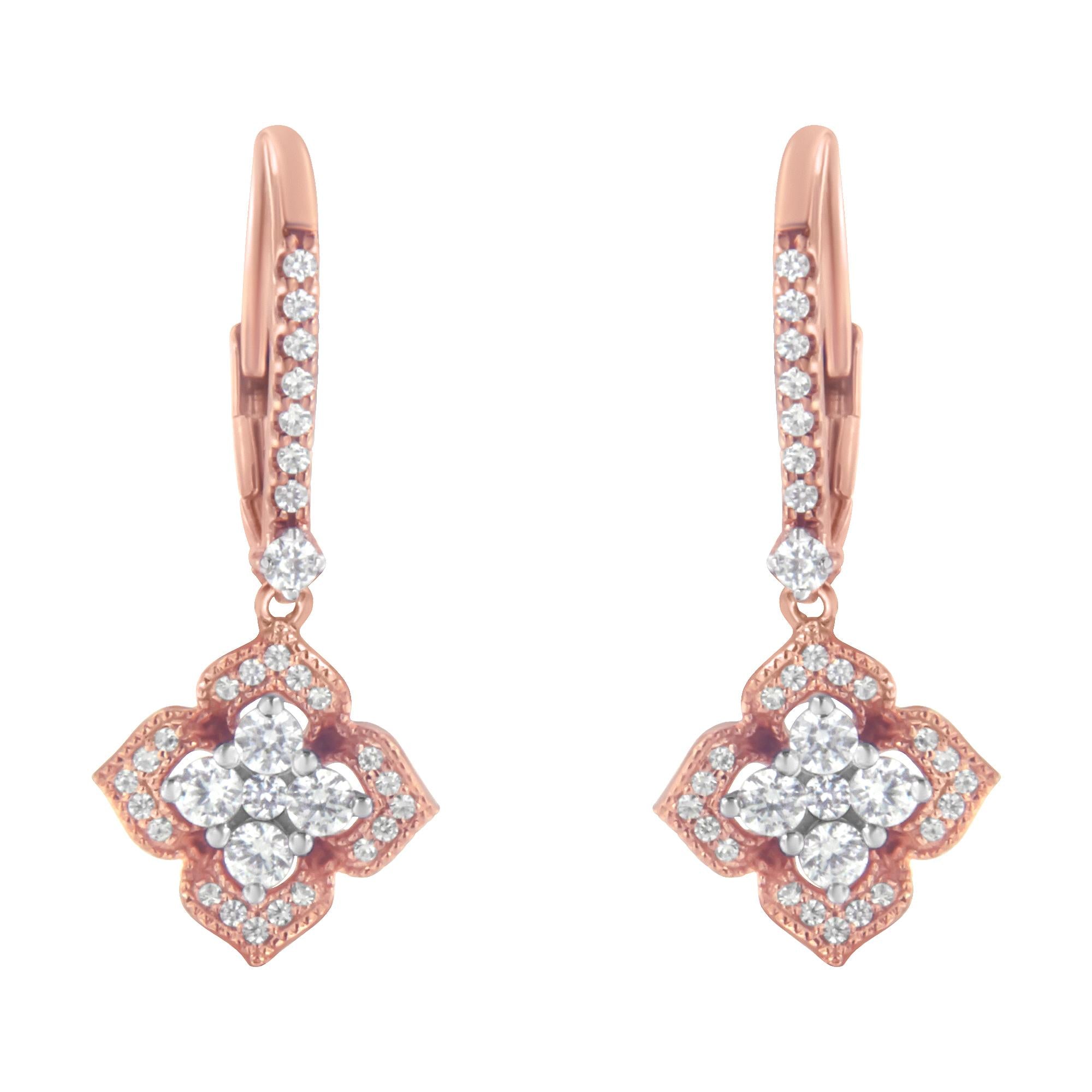 10K Rose Gold 3/4 Cttw Diamond Flower Drop Dangle Earring (I-J Color, I1-I2 Clarity)