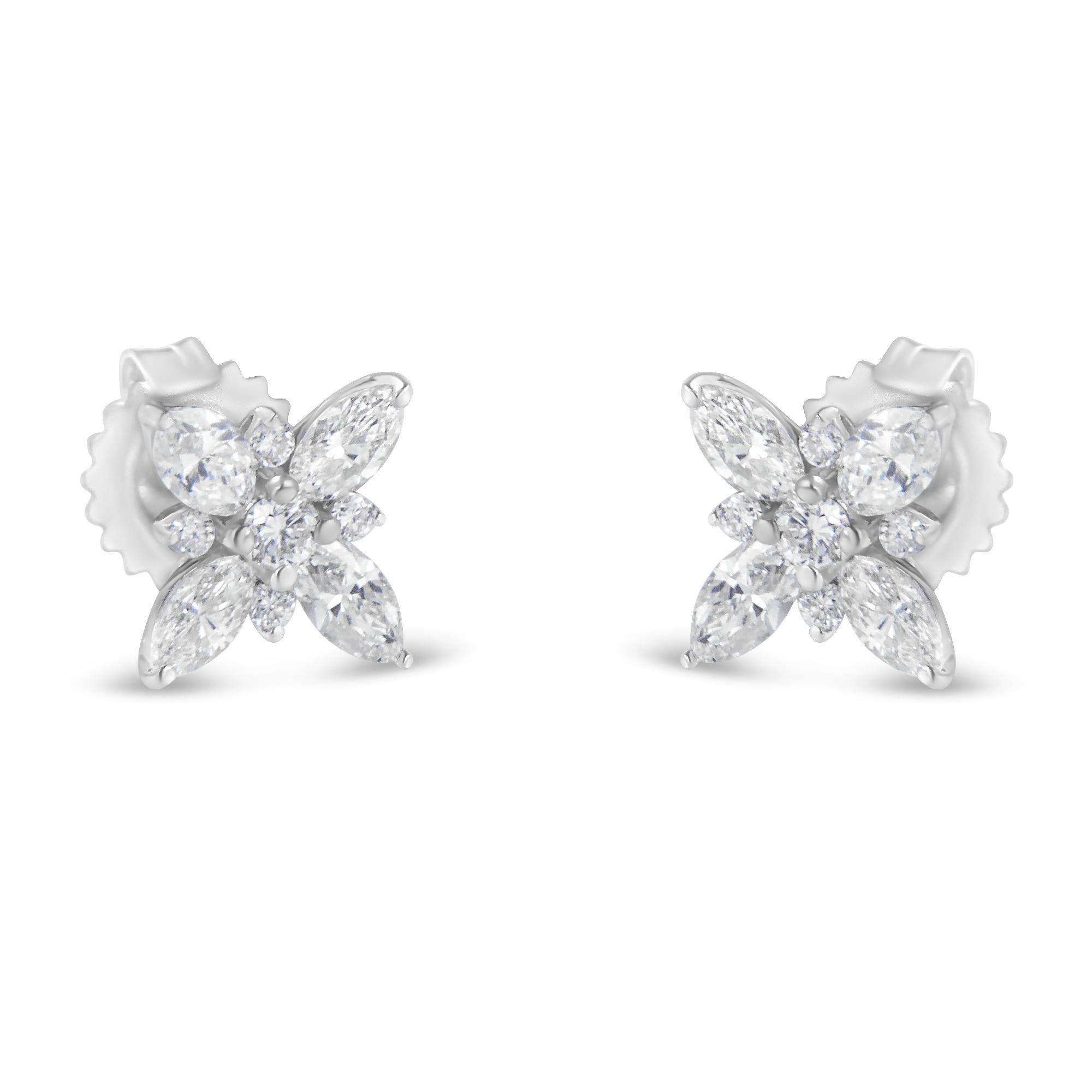14K White Gold Marquise Diamond Flower Stud Earring (1.00 cttw, H-I Color, SI1-SI2 Clarity)