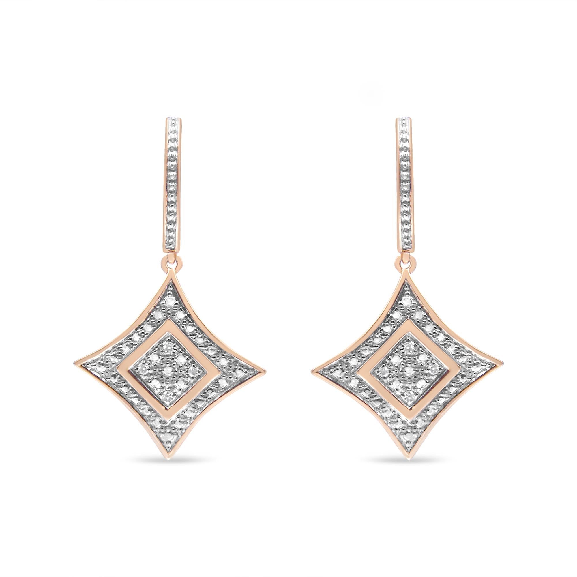 10K Rose Gold Plated Sterling Silver Round Cut Diamond Cushion Dangle Earrings (0.04 cttw, H-I Color, I2-I3 Clarity)
