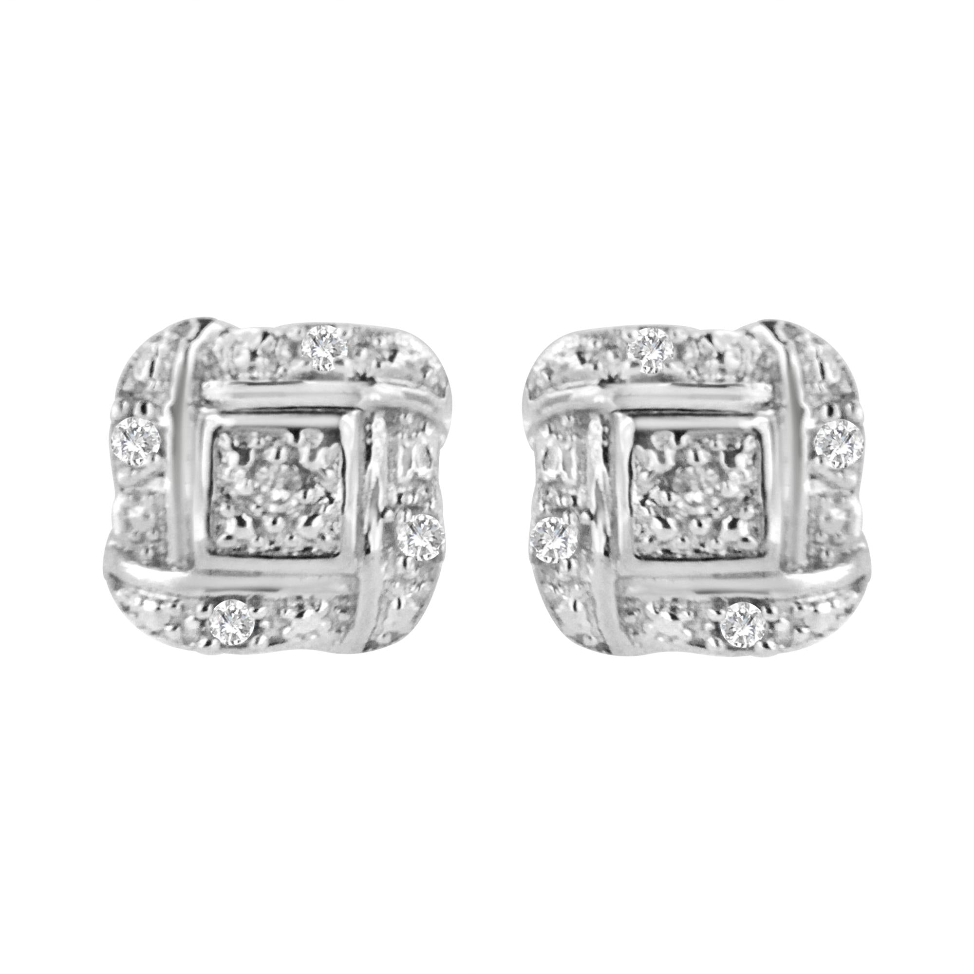 Sterling Silver Round Cut Diamond Square Stud Earrings (0.04 cttw, H-I Color, I2-I3 Clarity)