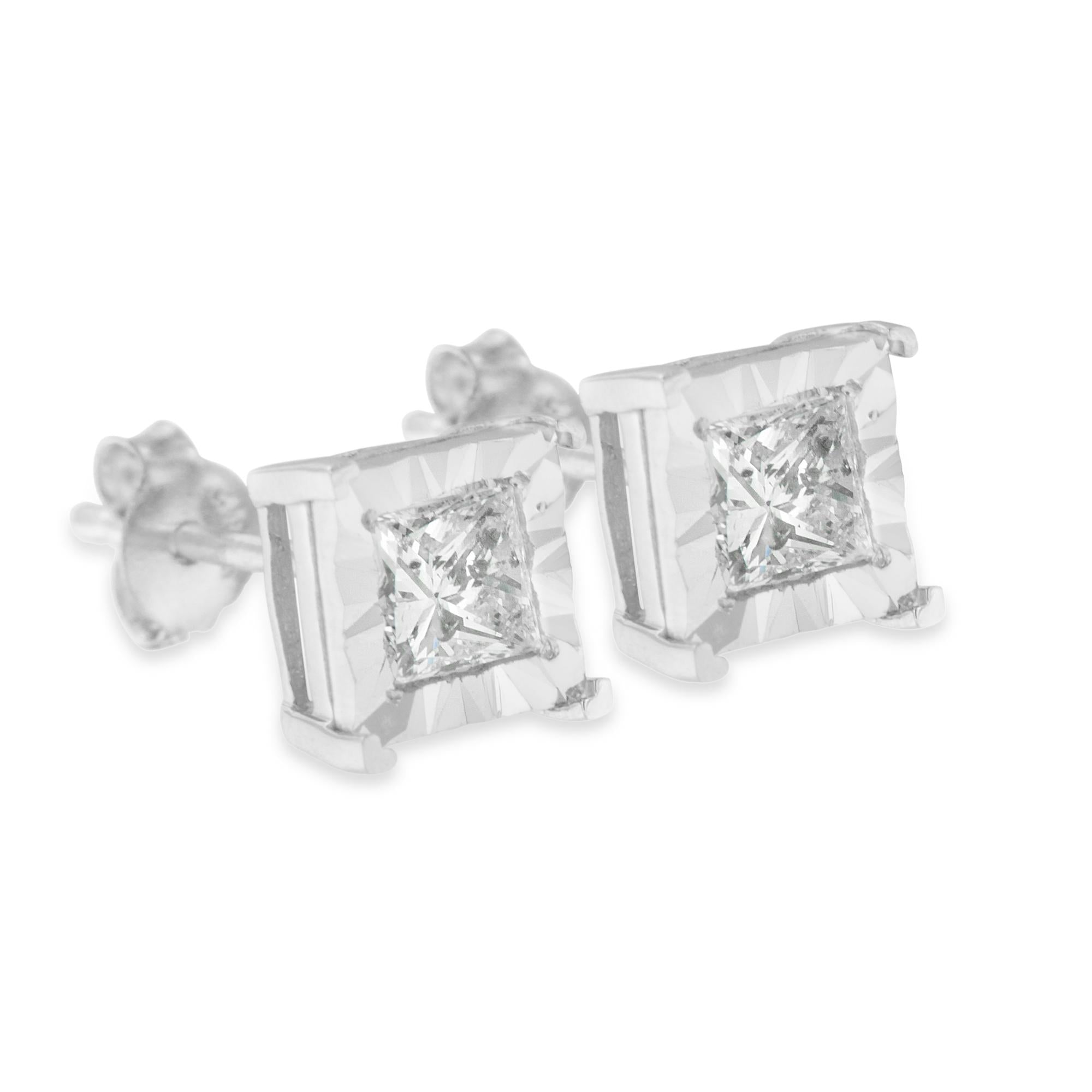 .925 Sterling Silver Miracle Set Princess-cut Diamond Solitaire Stud Earrings (H-I Color, I1-I2 Clarity)